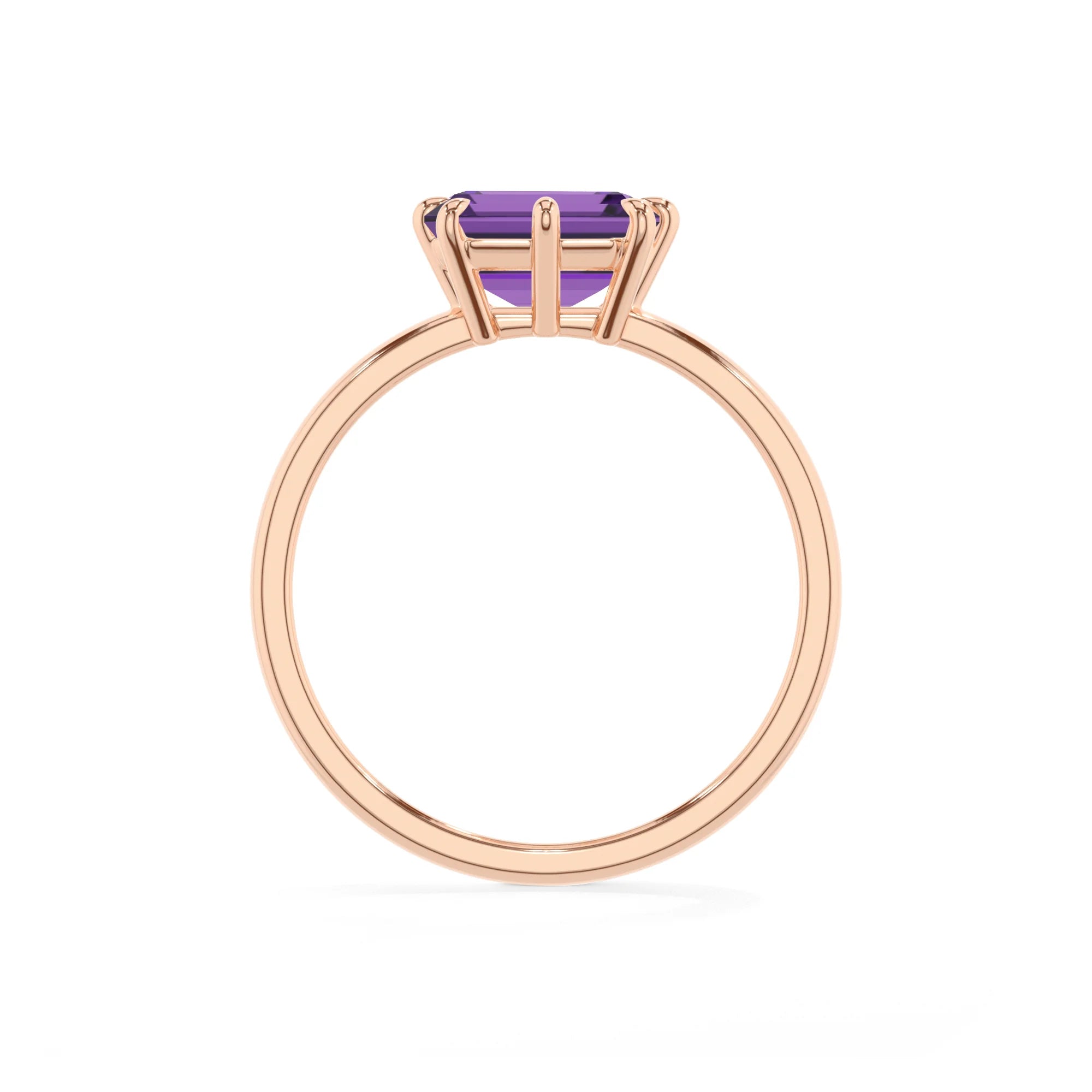 lab grown amethyst emerald cut solitaire rings in rose gold