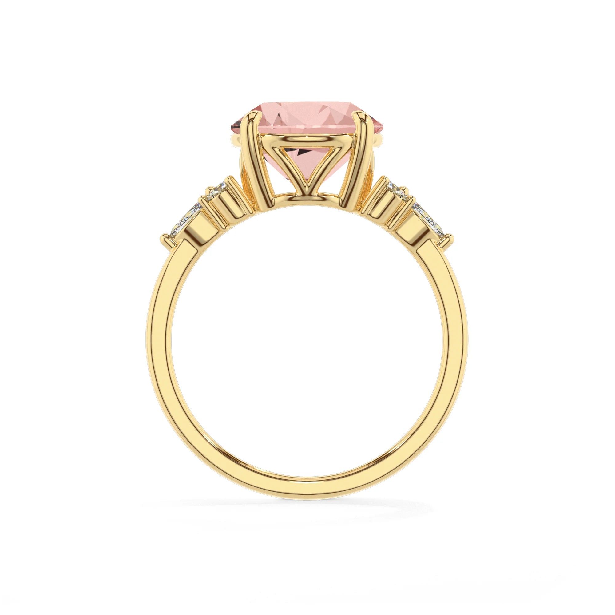 lab grown morganite round solitaire rings in yellow gold