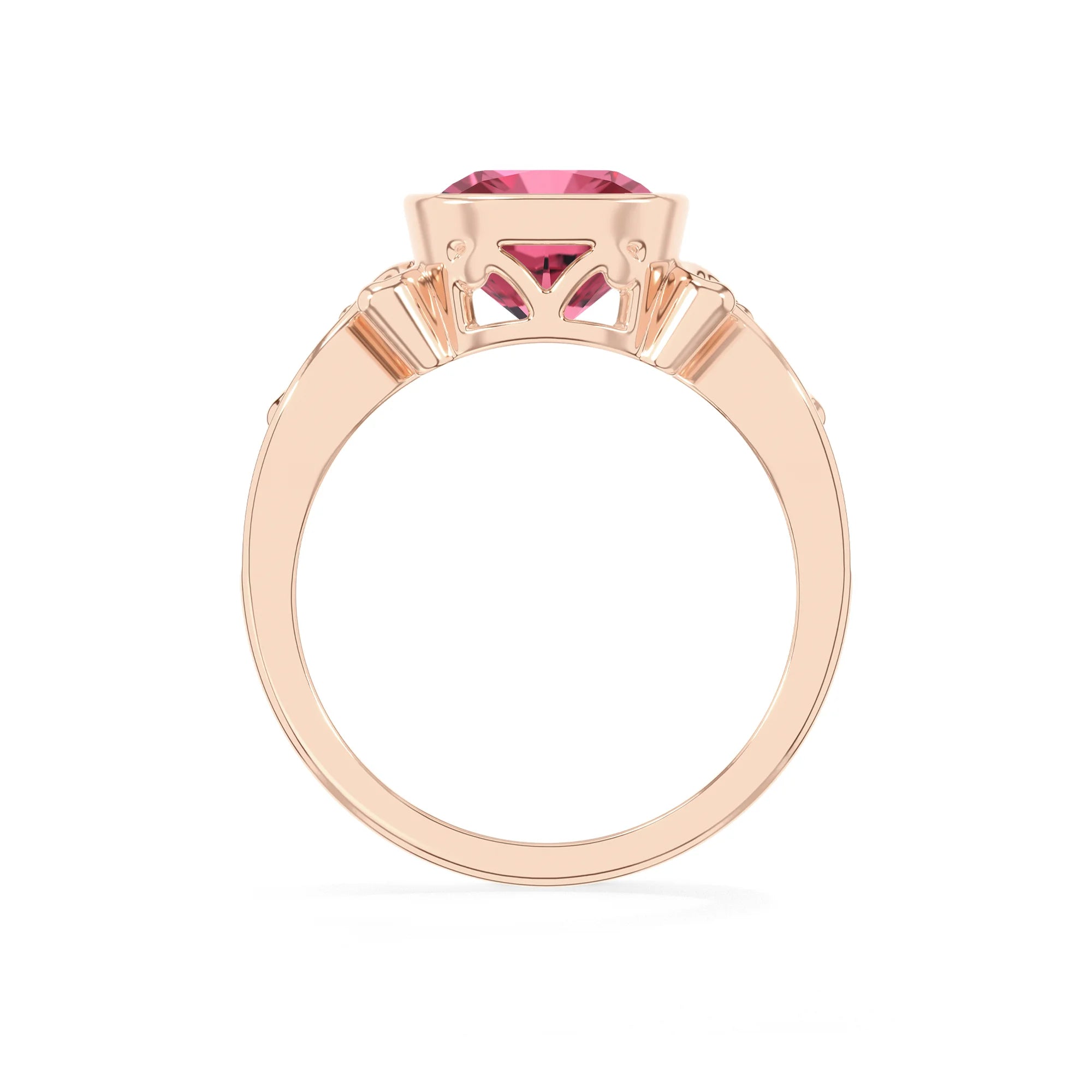lab grown pink-tourmaline cushion solitaire rings in rose gold