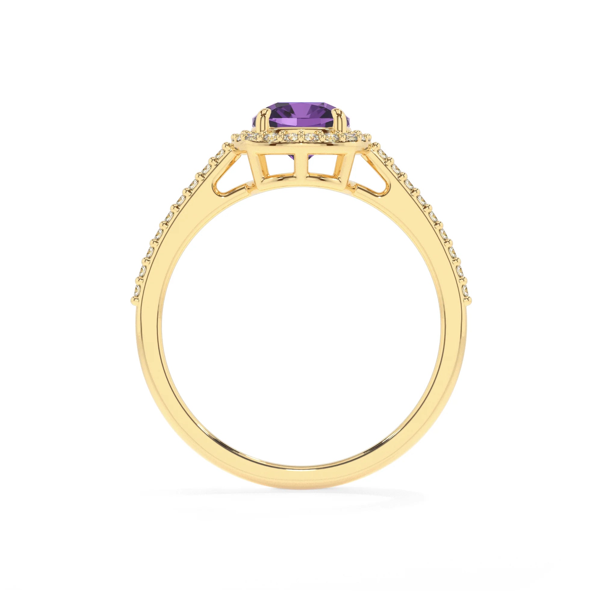 lab grown amethyst cushion solitaire rings in yellow gold
