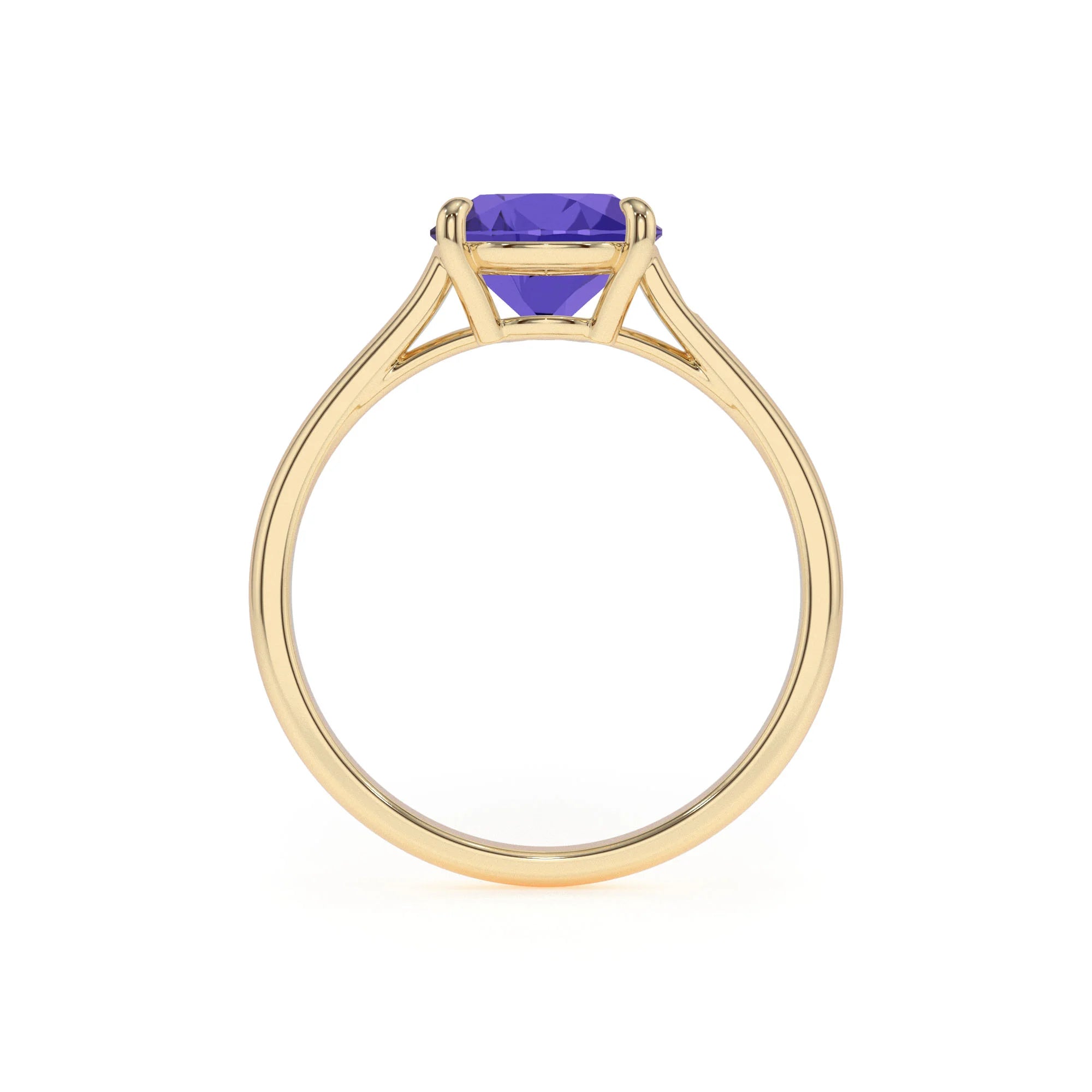 lab grown tanzanite cushion solitaire rings in yellow gold