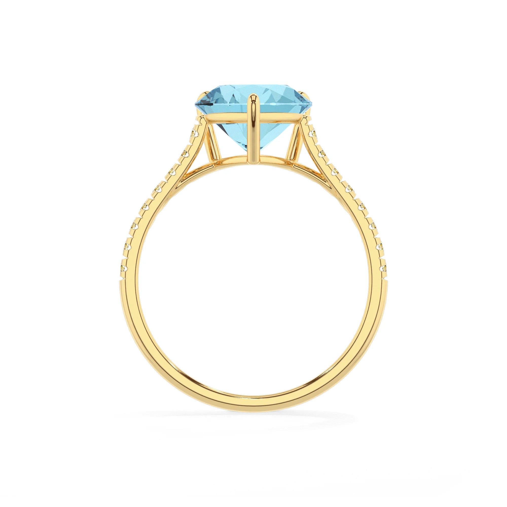 lab grown aquamarine heart half eternity solitaire engagement rings in yellow gold