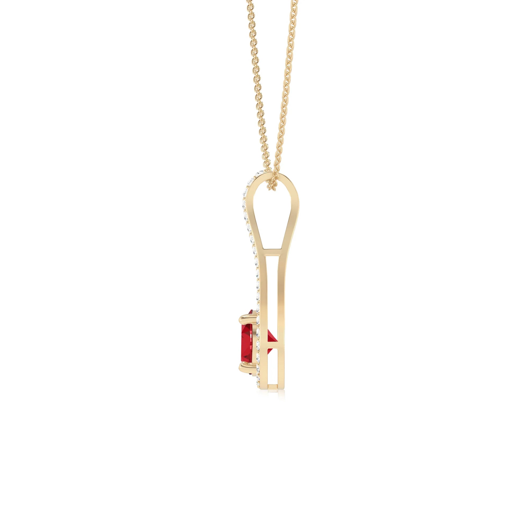 lab grown ruby round solitaire v-bale necklaces in yellow gold