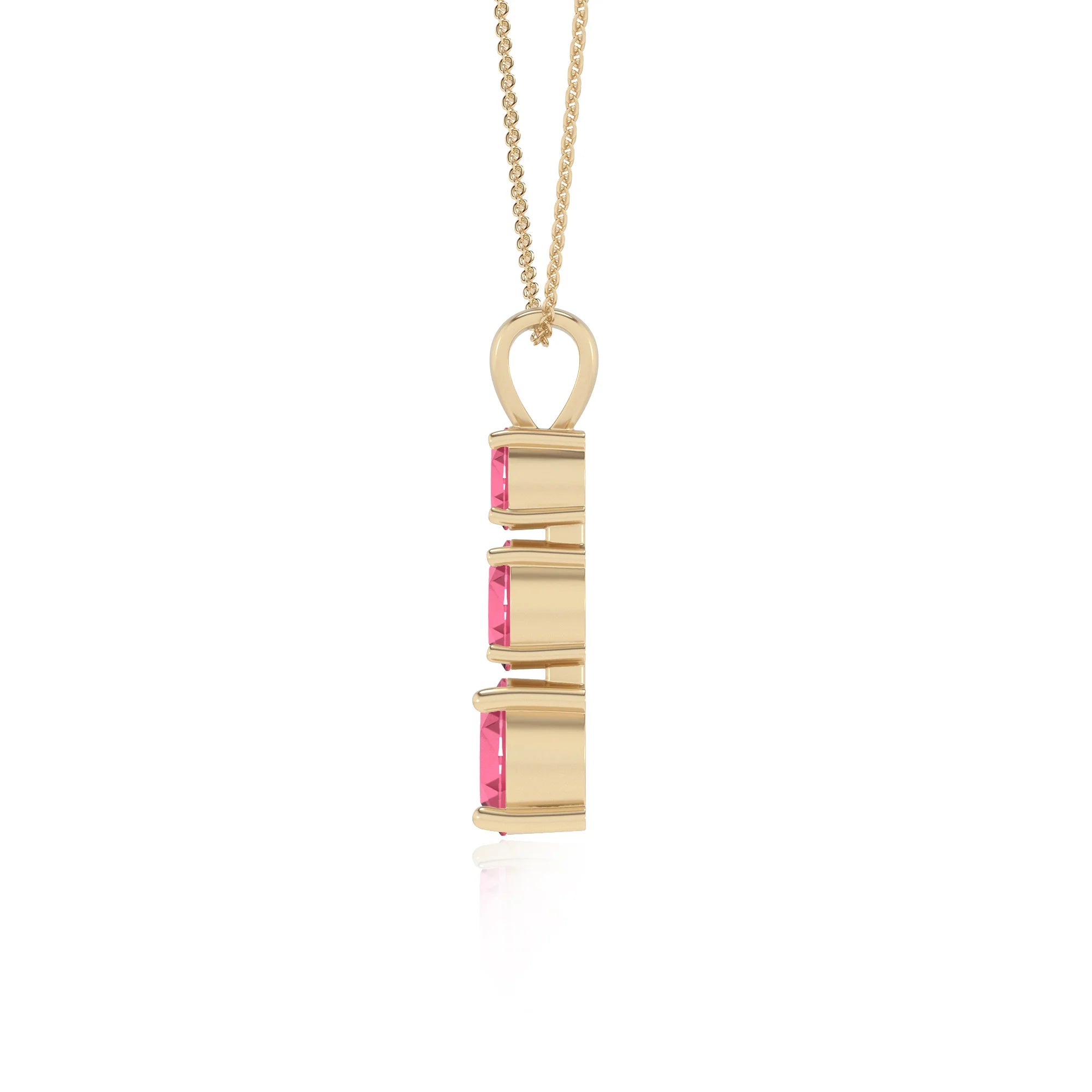 lab grown pink-tourmaline round bar v-bale necklaces in yellow gold