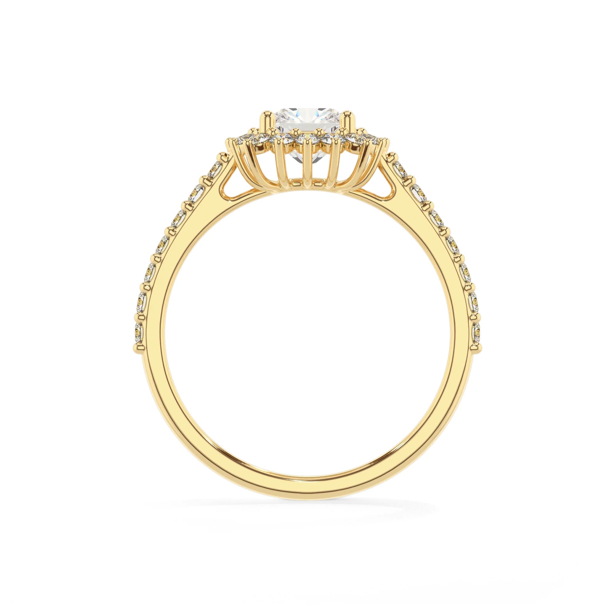lab grown moissanite cushion solitaire rings in yellow gold