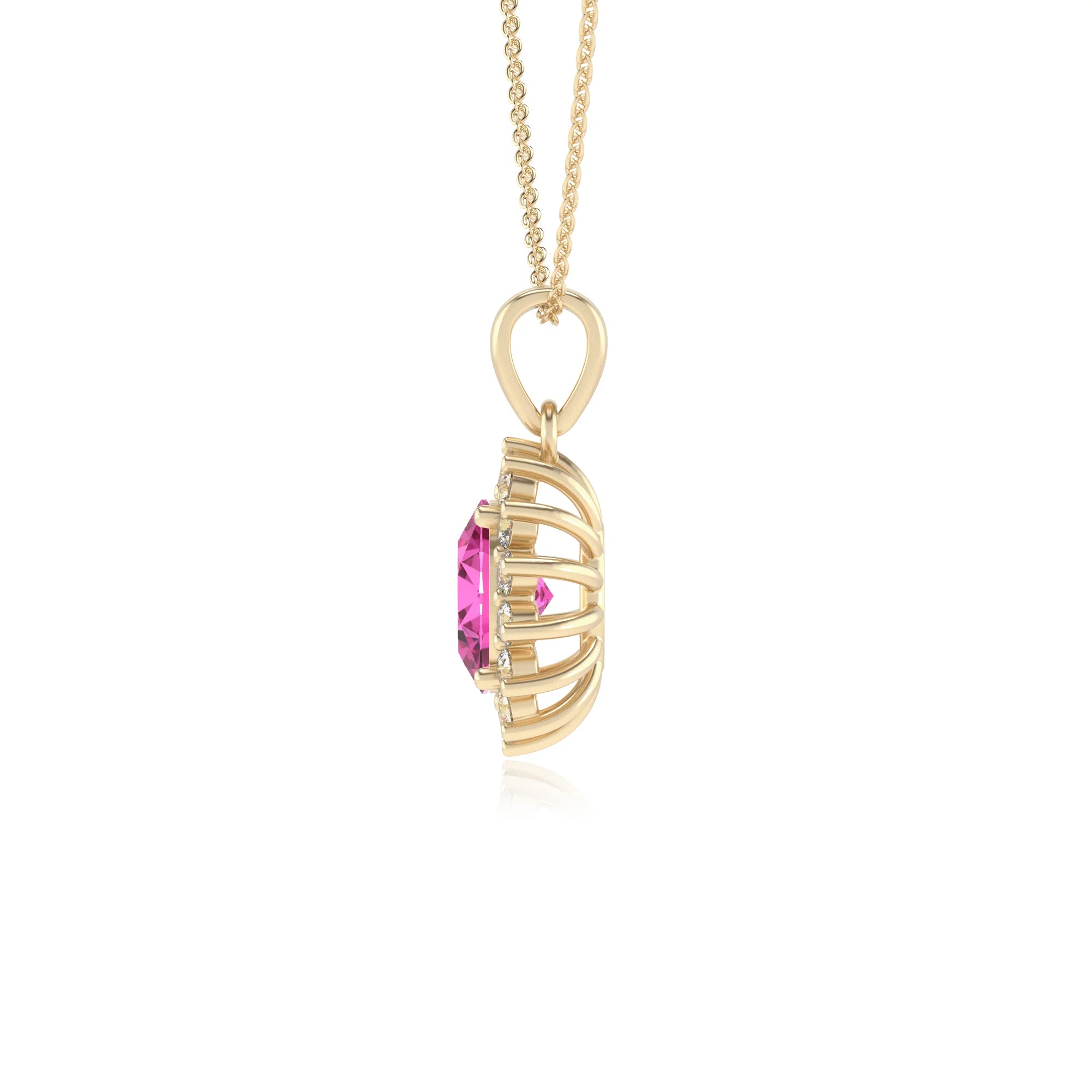 lab grown pink-sapphire oval halo necklaces in yellow gold