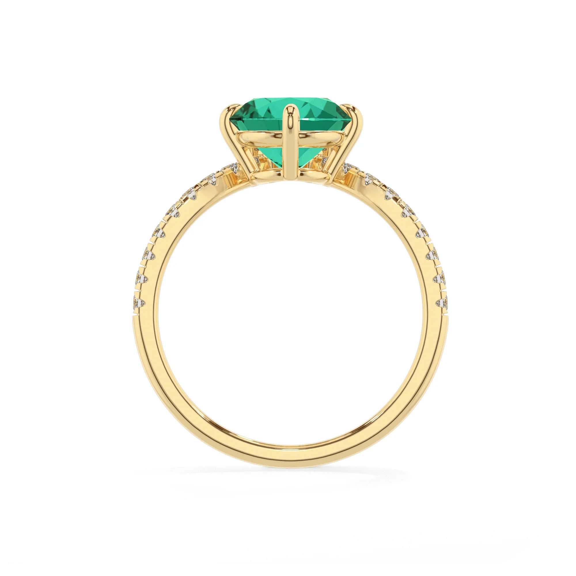 lab grown emerald round solitaire rings in yellow gold