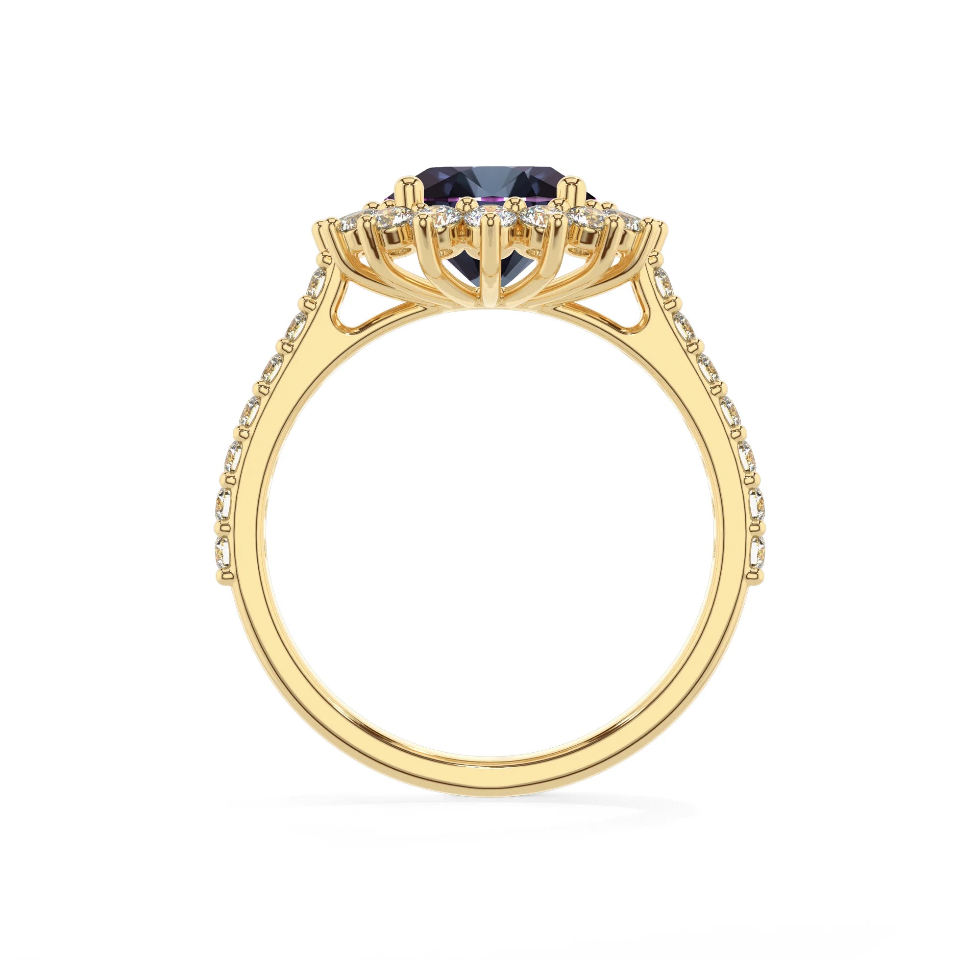 lab grown alexandrite round solitaire rings in yellow gold