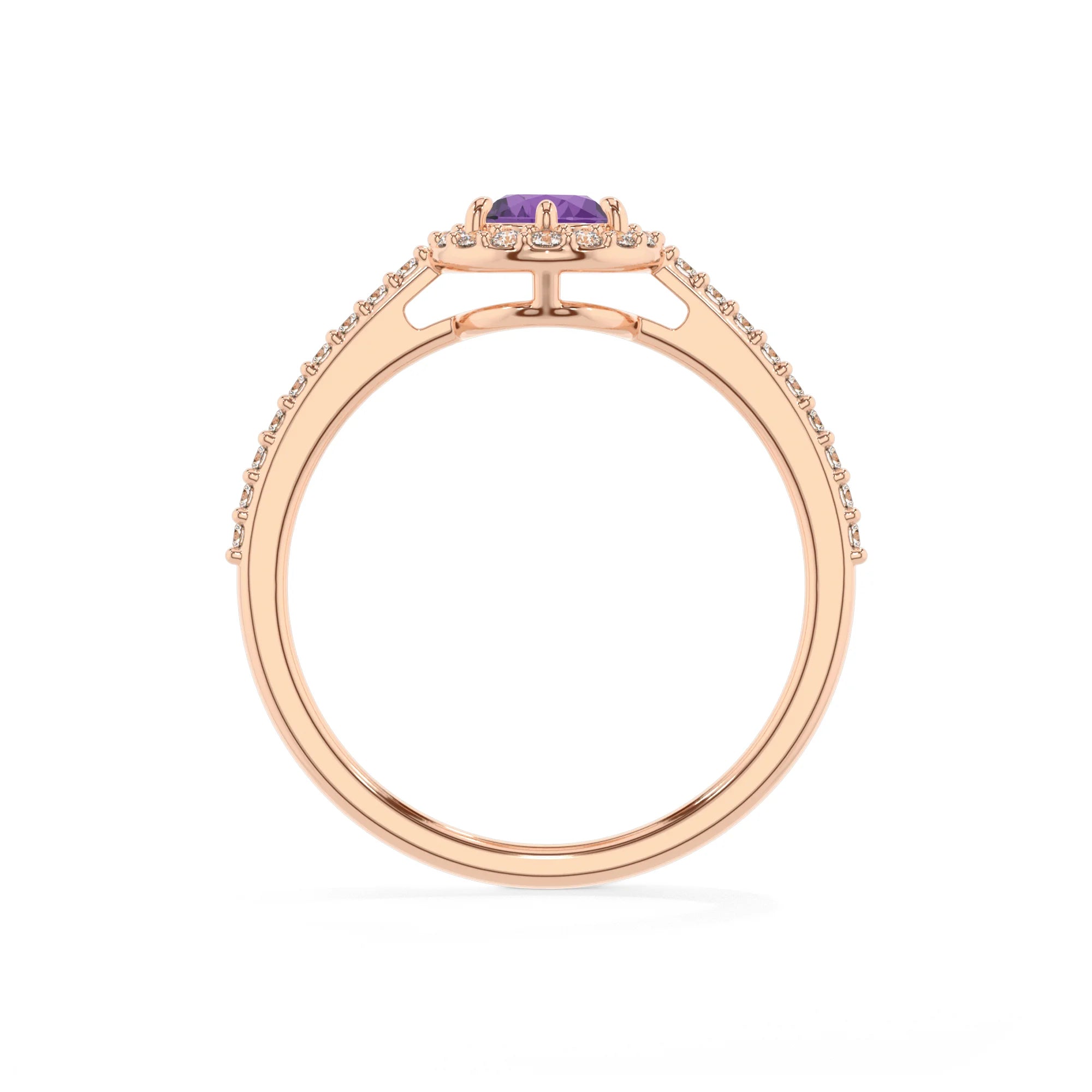 lab grown amethyst pear solitaire rings in rose gold