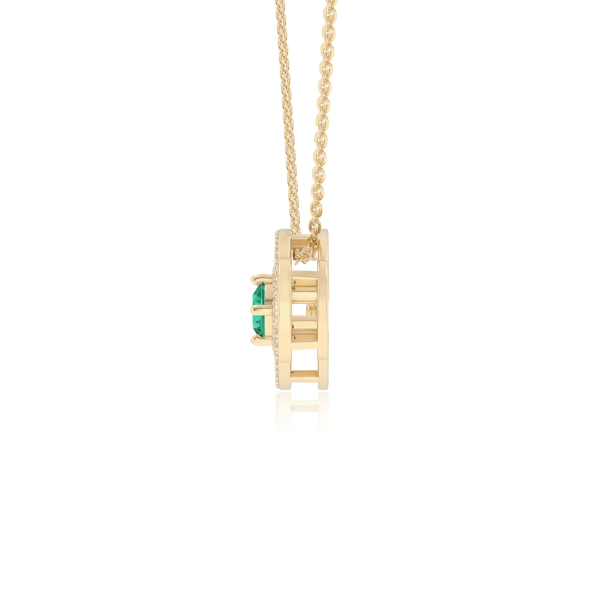 lab grown emerald round solitaire necklaces in yellow gold