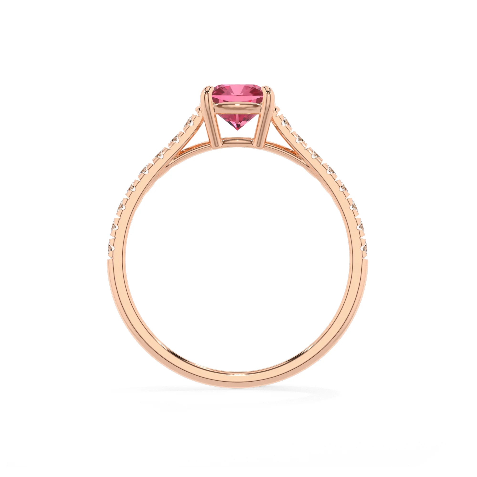 lab grown pink-tourmaline cushion half eternity solitaire engagement rings in rose gold