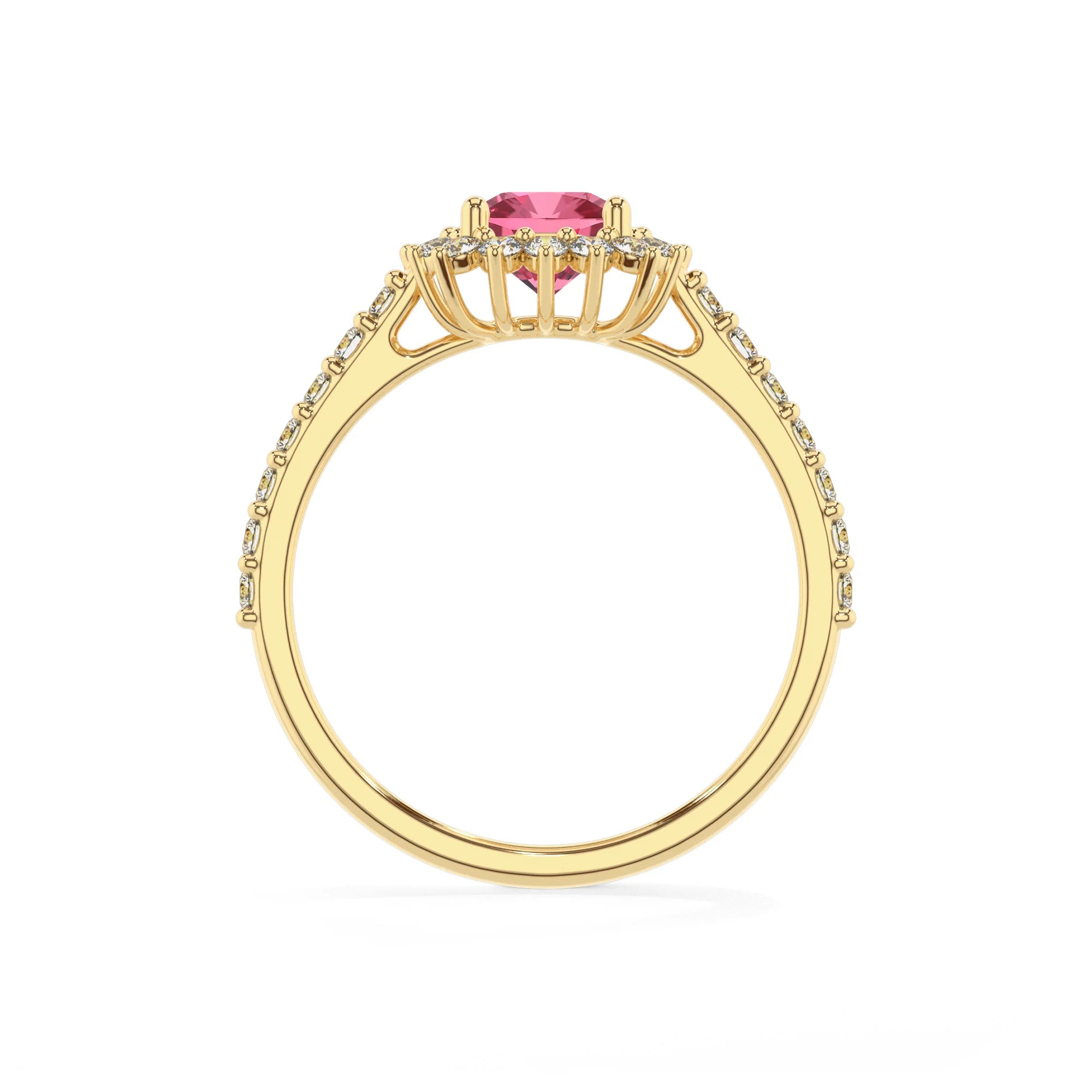 lab grown pink-tourmaline cushion solitaire rings in yellow gold
