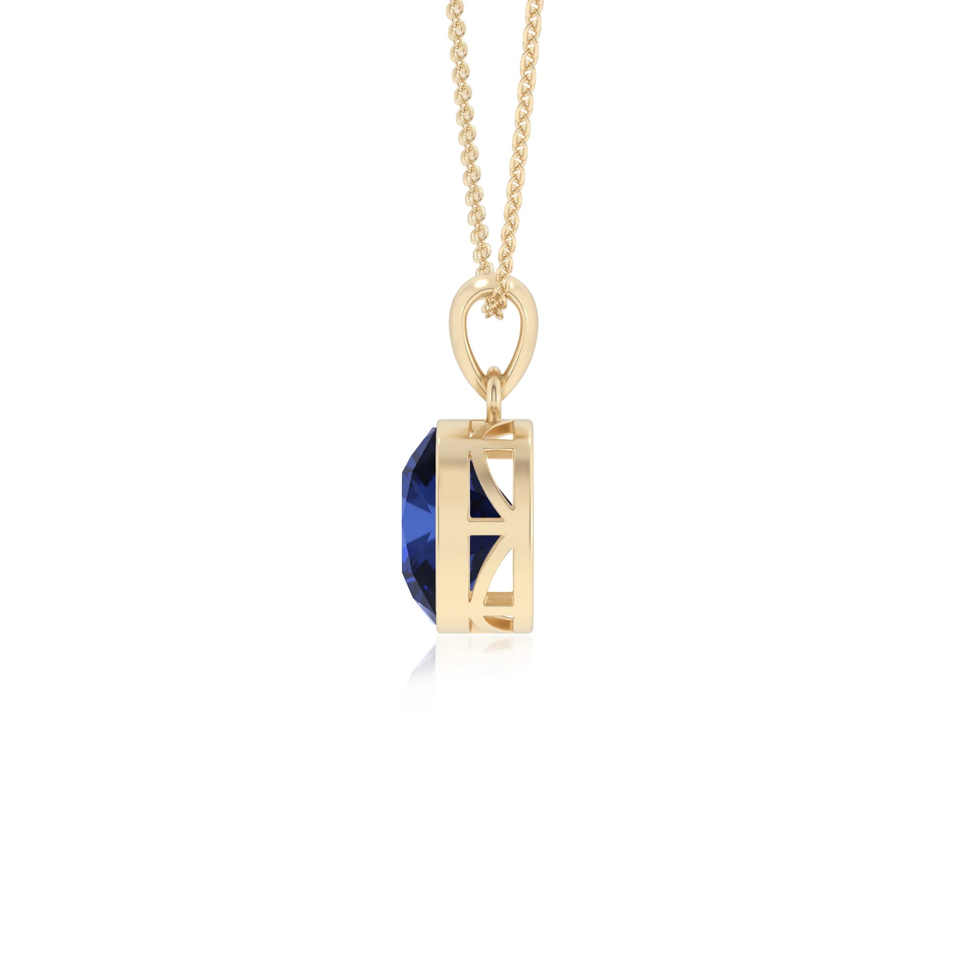 lab grown blue-sapphire cushion solitaire necklaces in yellow gold
