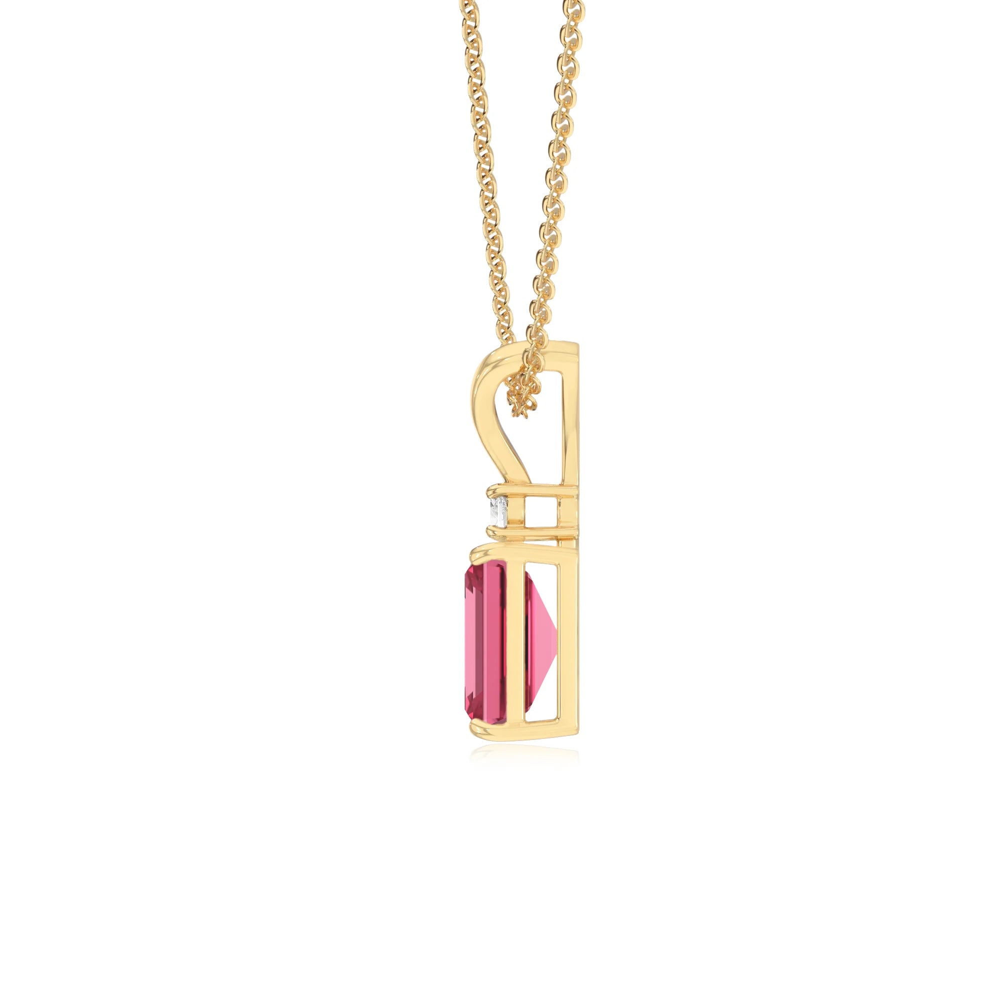 lab grown pink-tourmaline emerald cut solitaire v-bale necklaces in yellow gold