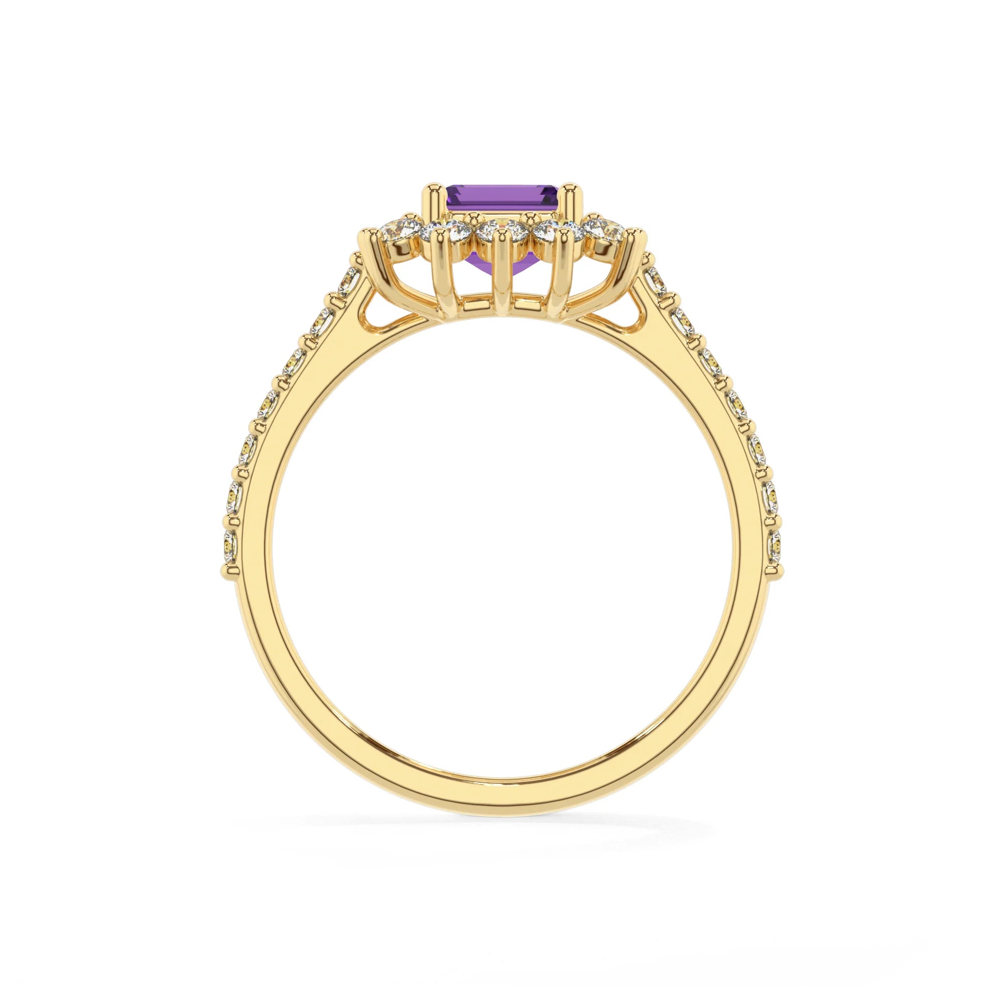 lab grown amethyst emerald cut solitaire rings in yellow gold