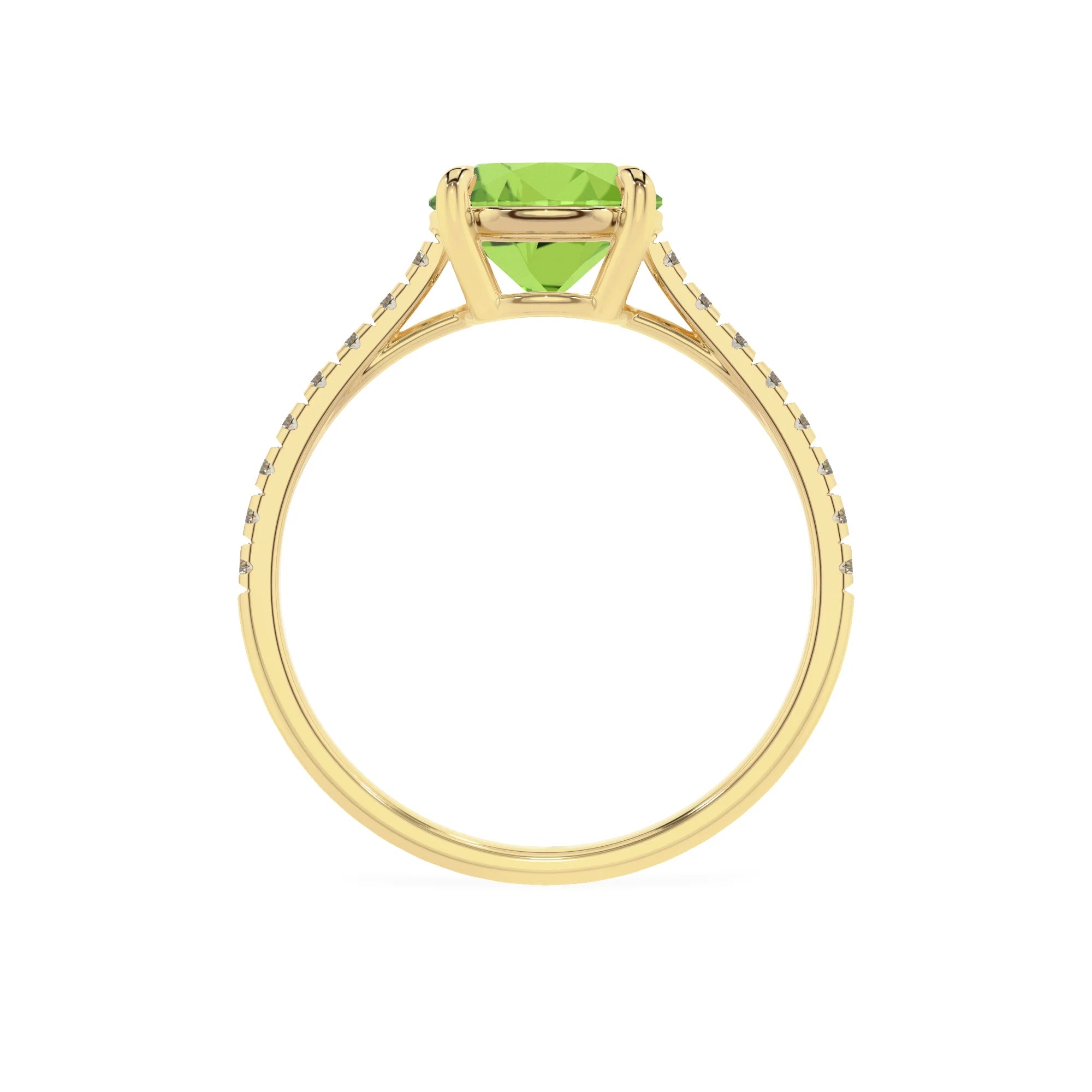 natural peridot round half eternity solitaire engagement rings in yellow gold