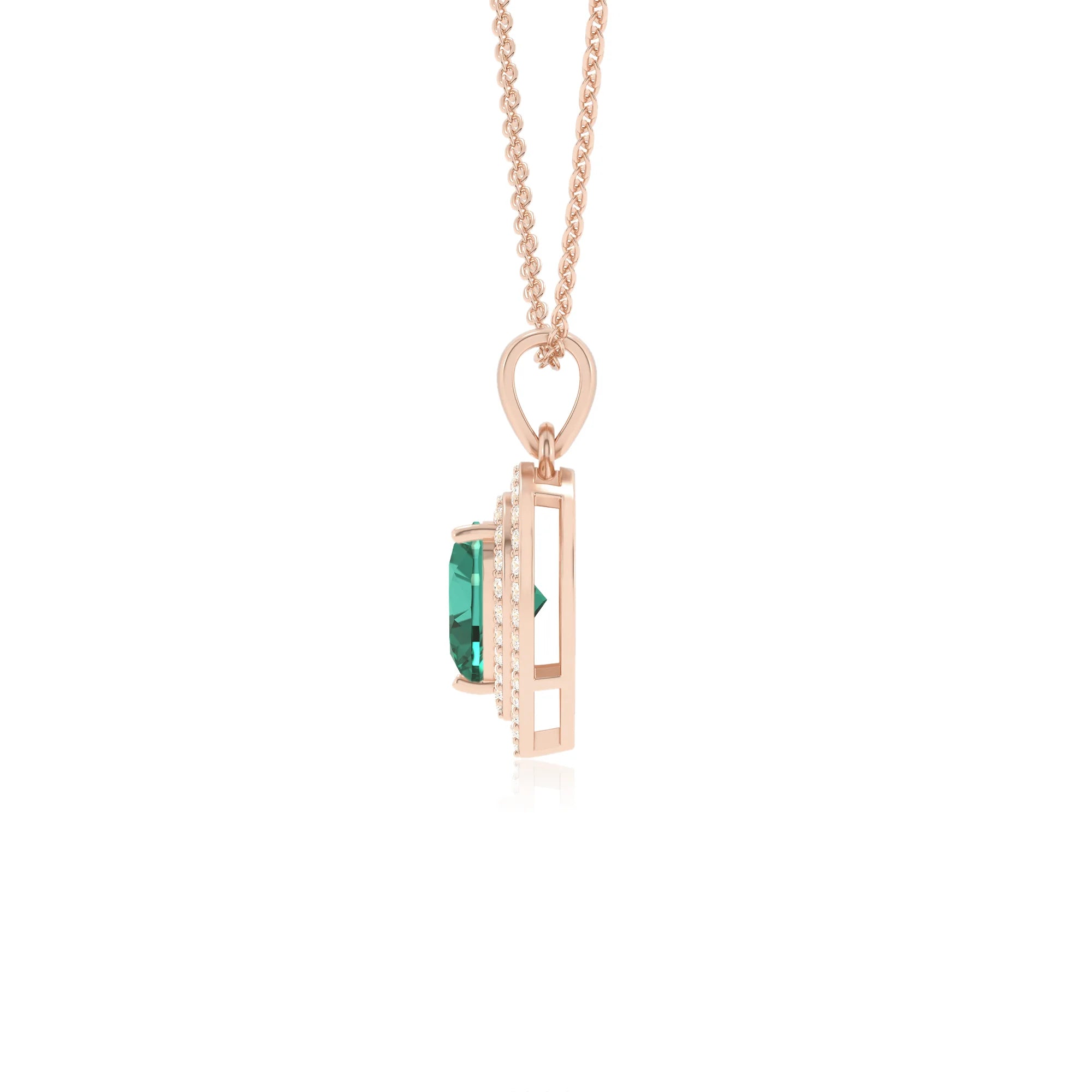 lab grown emerald heart halo necklaces in rose gold