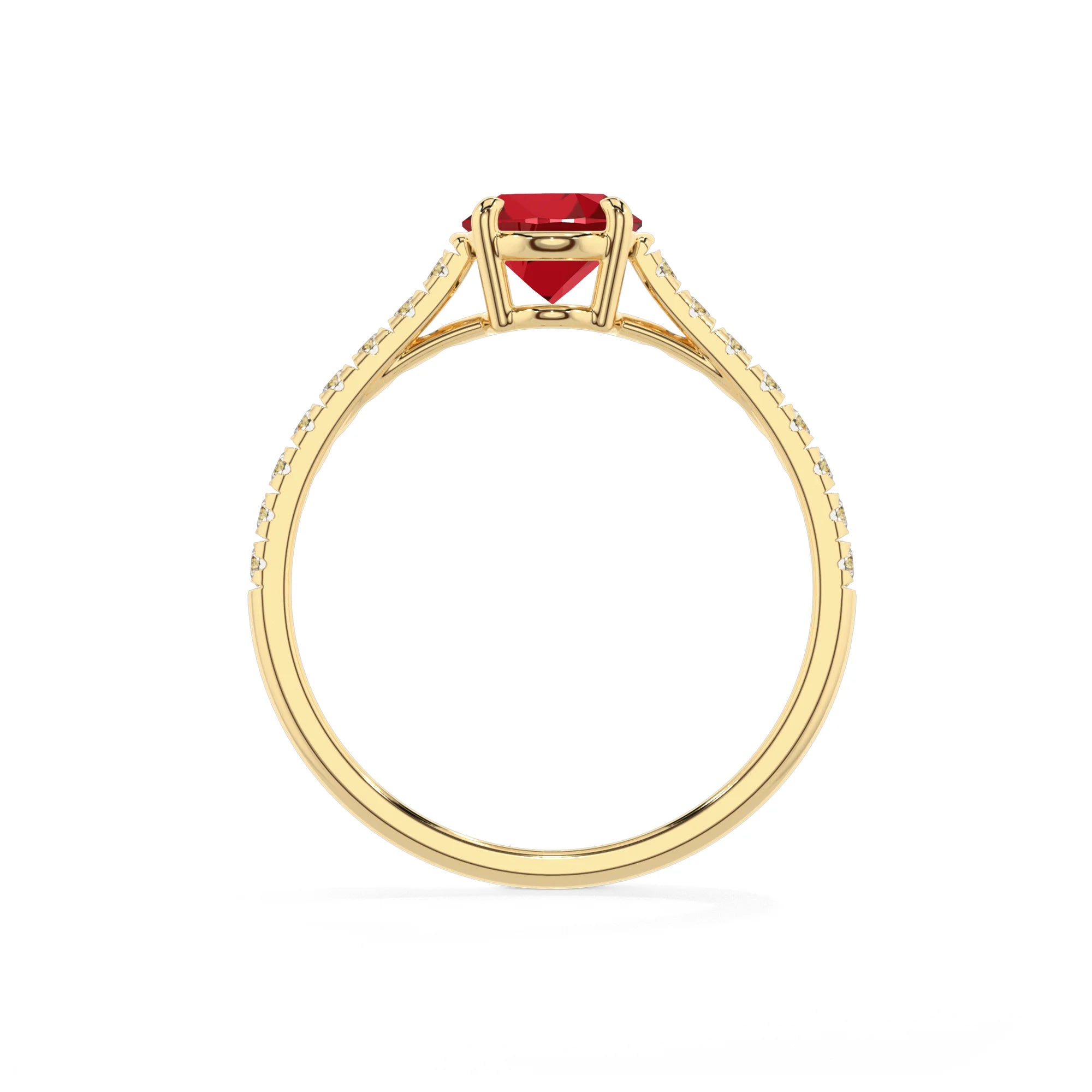 lab grown ruby oval half eternity solitaire engagement rings in yellow gold