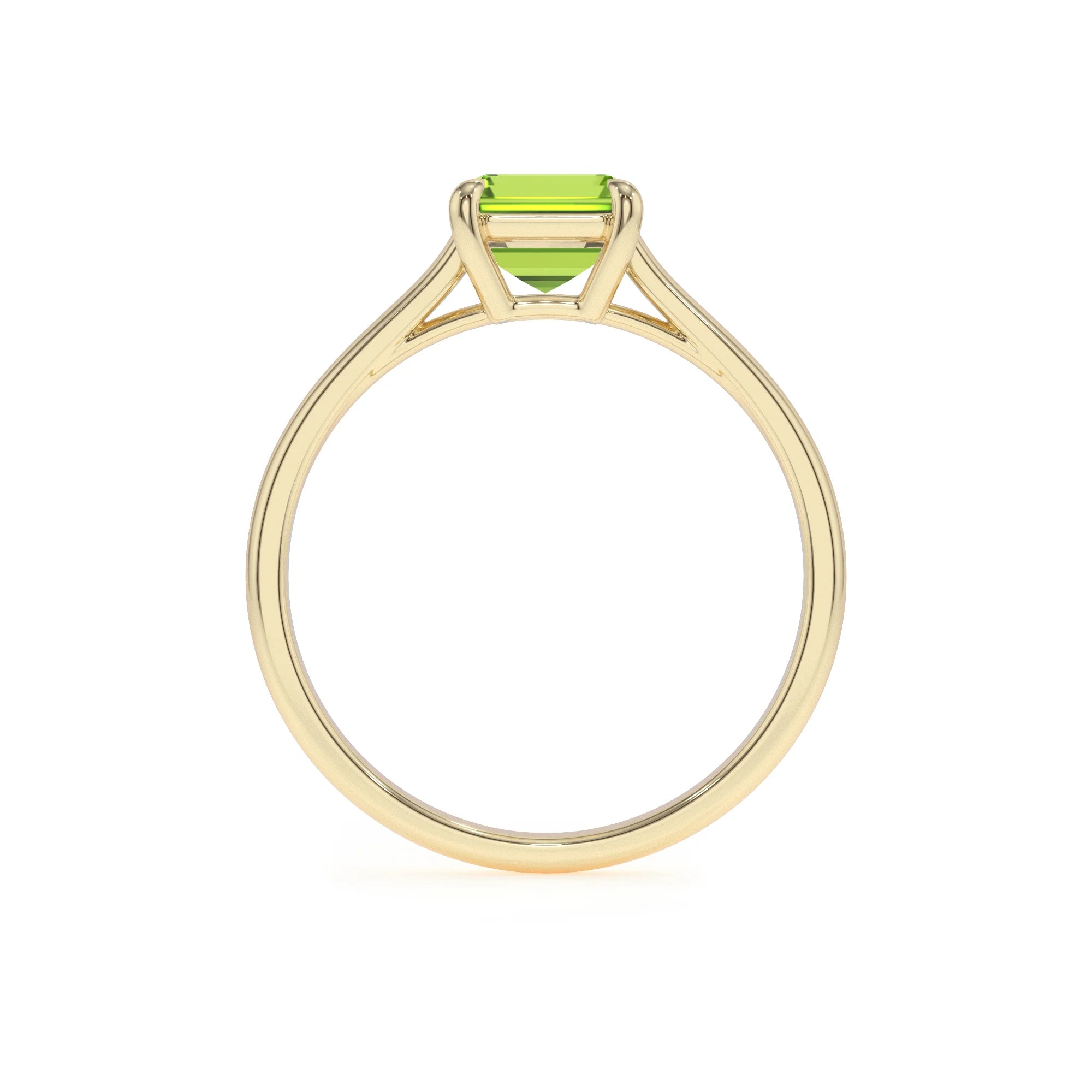natural peridot emerald cut solitaire rings in yellow gold