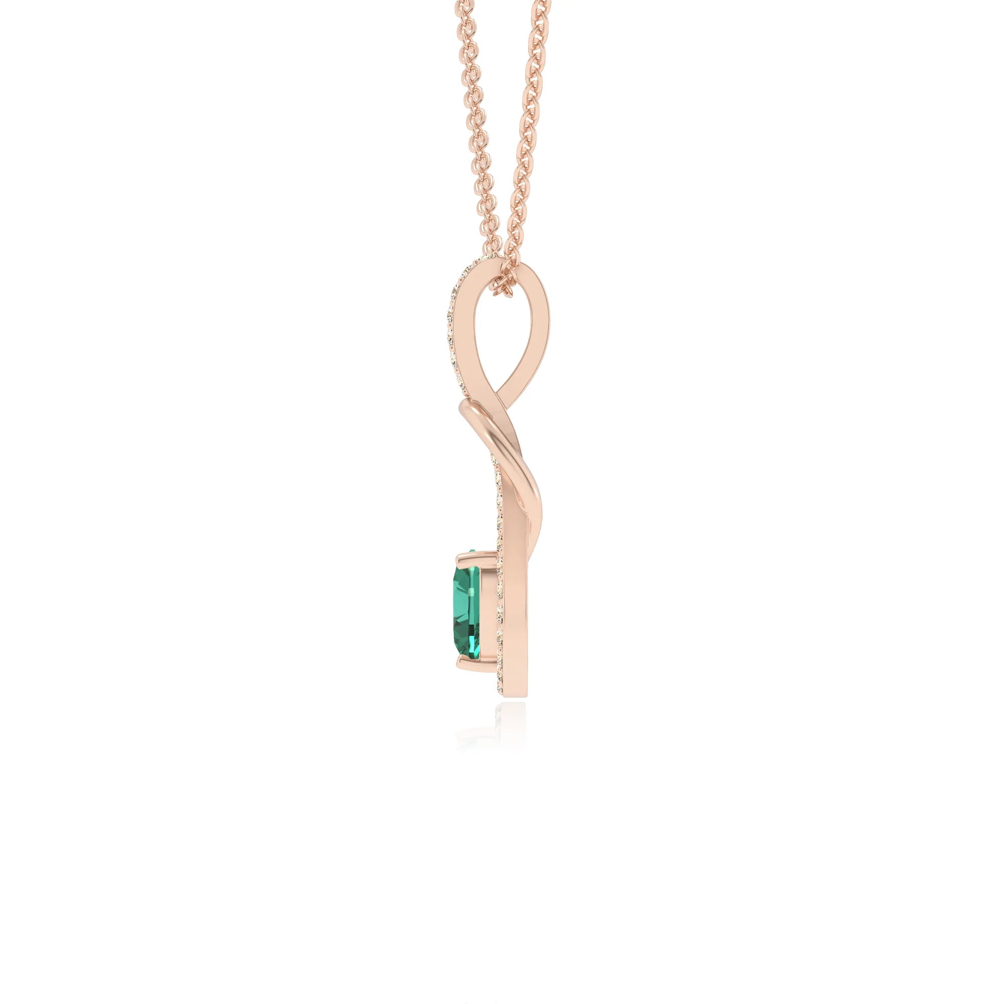 lab grown emerald heart infinity v-bale necklaces in rose gold