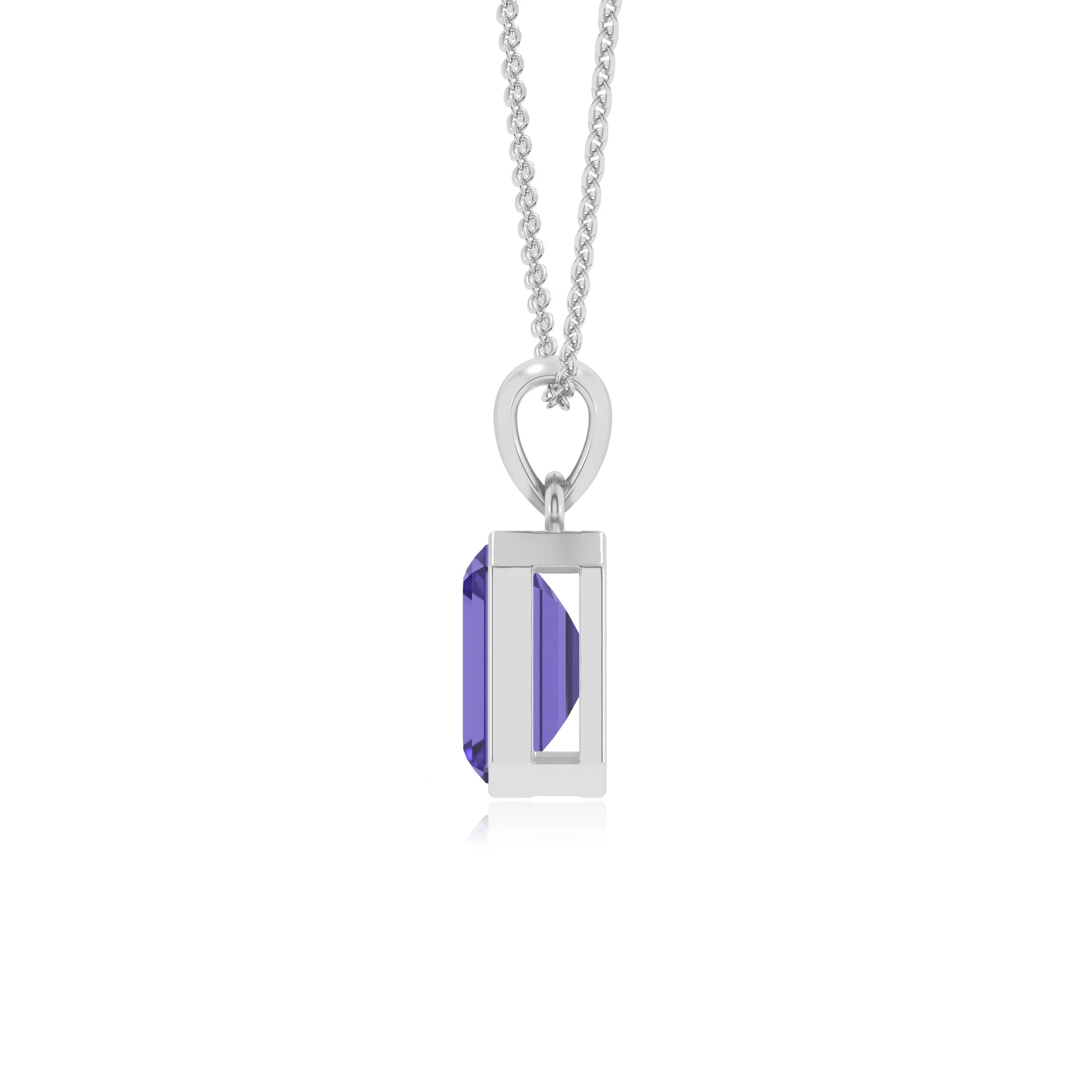 lab grown tanzanite emerald cut solitaire necklaces in sterling silver