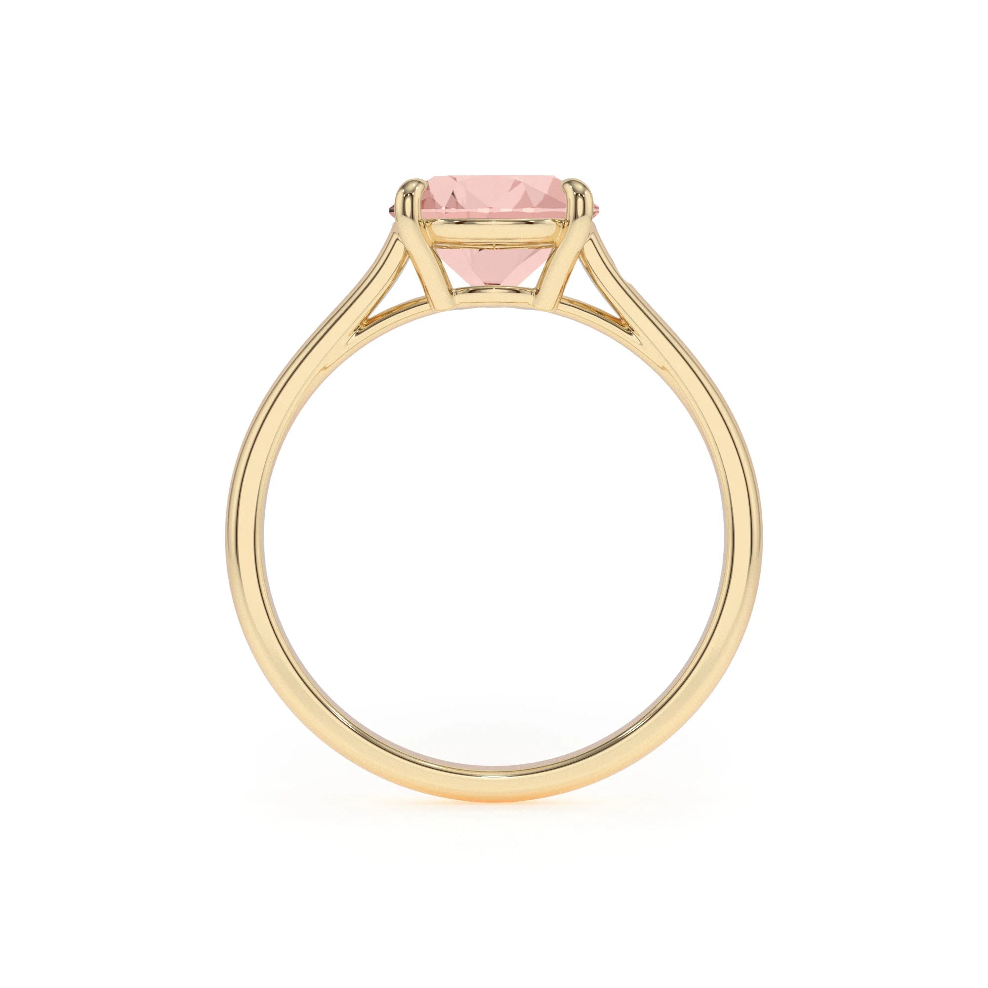 lab grown morganite cushion solitaire rings in yellow gold