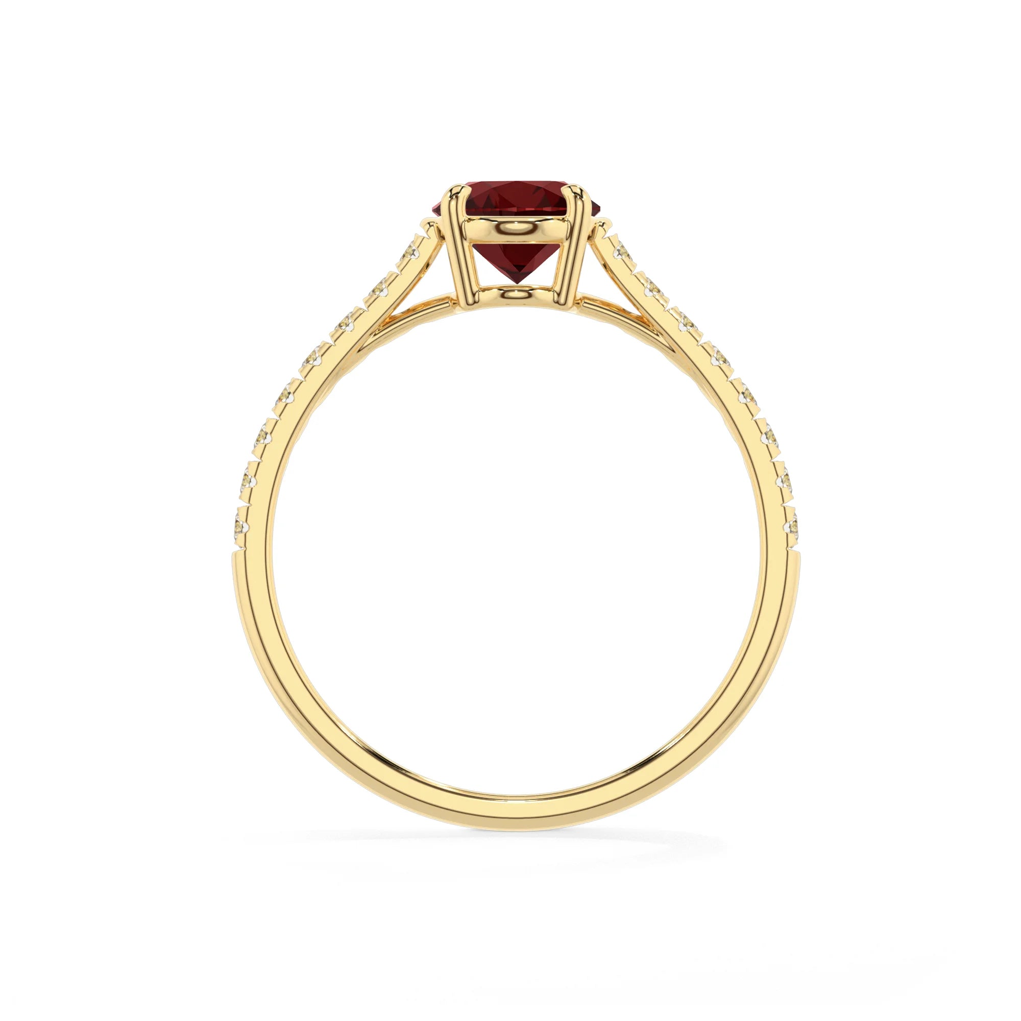 natural garnet oval half eternity solitaire engagement rings in yellow gold