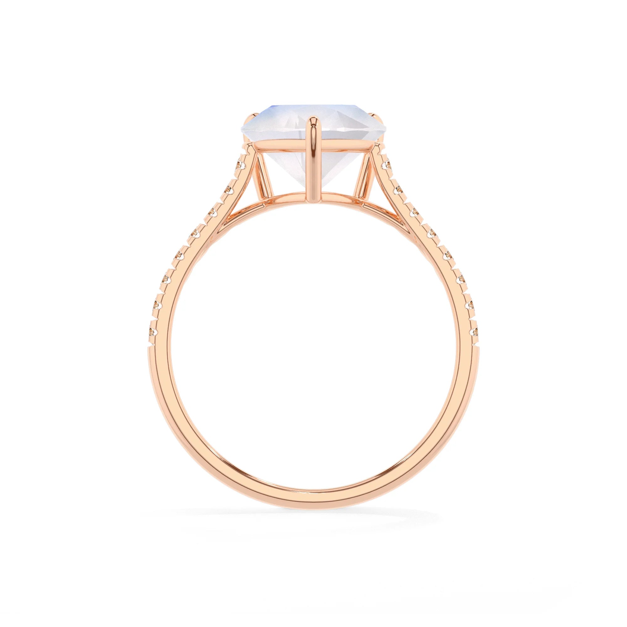 natural rainbow-moonstone heart half eternity solitaire engagement rings in rose gold