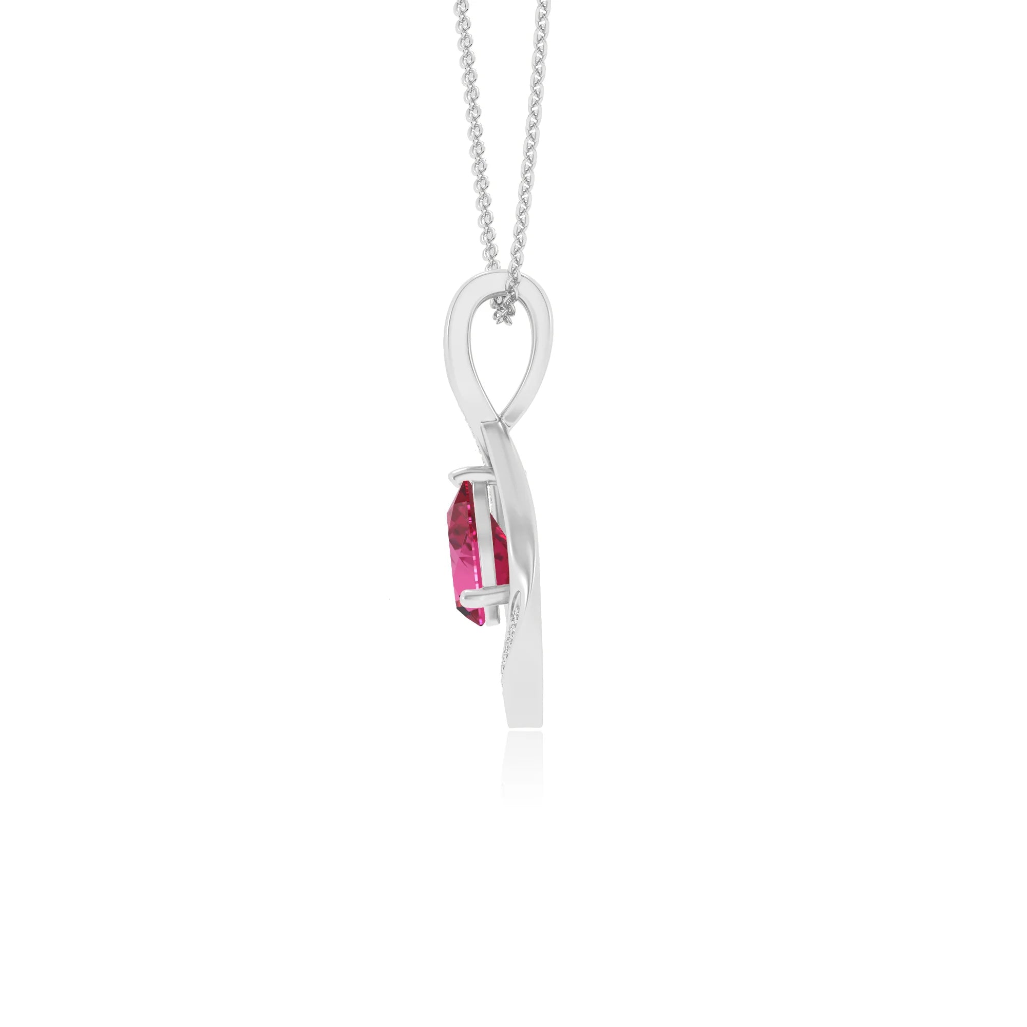lab grown pink-sapphire pear solitaire necklaces in white gold