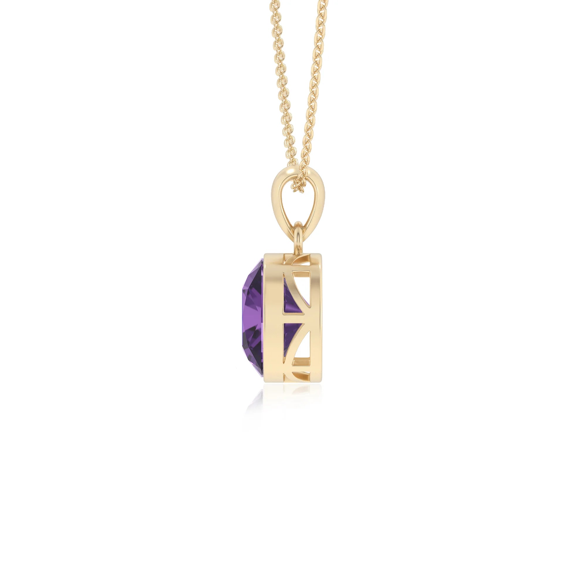 lab grown amethyst cushion solitaire necklaces in yellow gold
