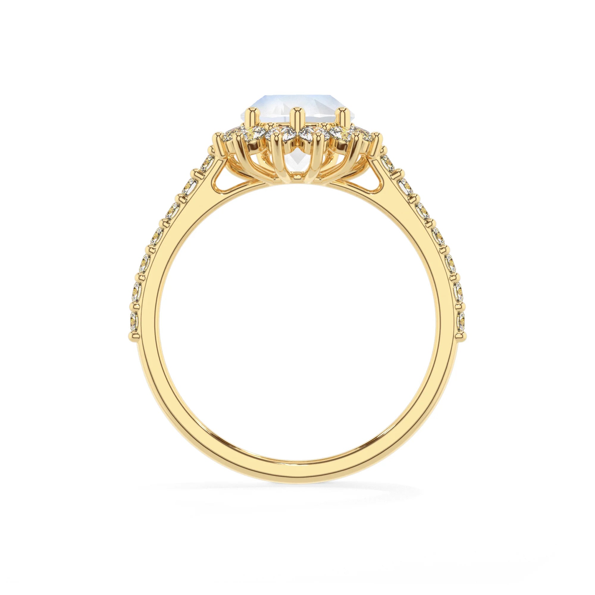 natural rainbow-moonstone pear solitaire rings in yellow gold