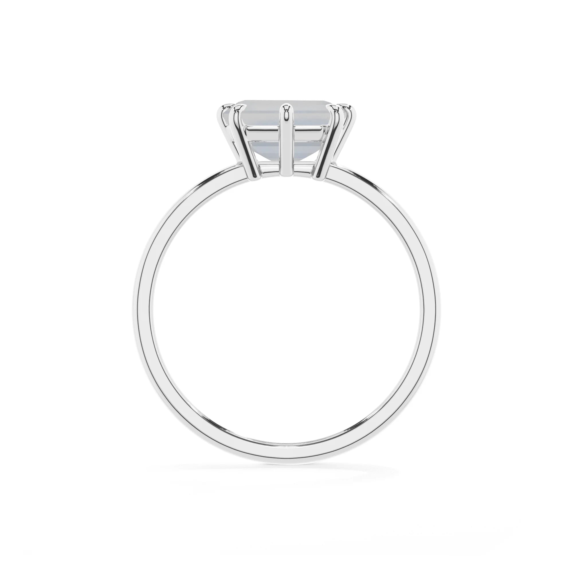 natural rainbow-moonstone emerald cut solitaire rings in white gold