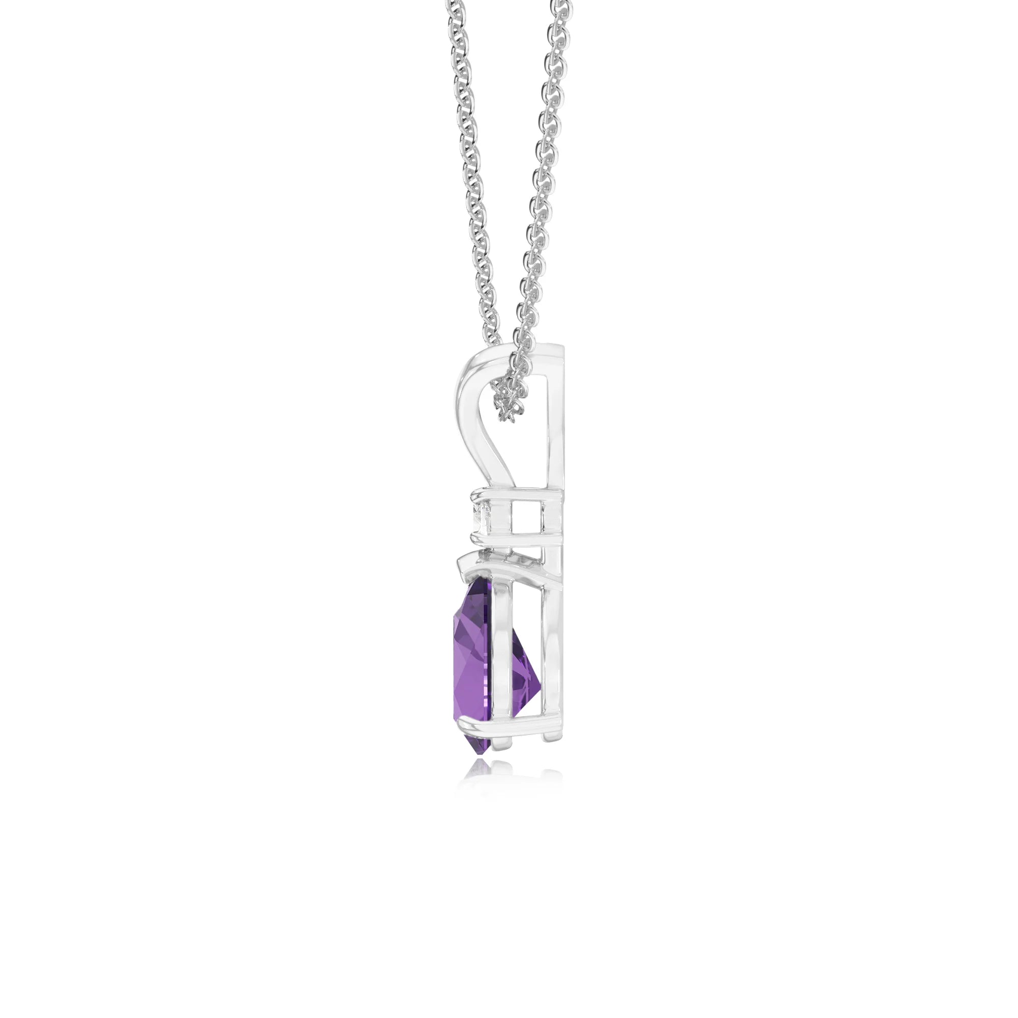 lab grown amethyst pear solitaire v-bale necklaces in white gold