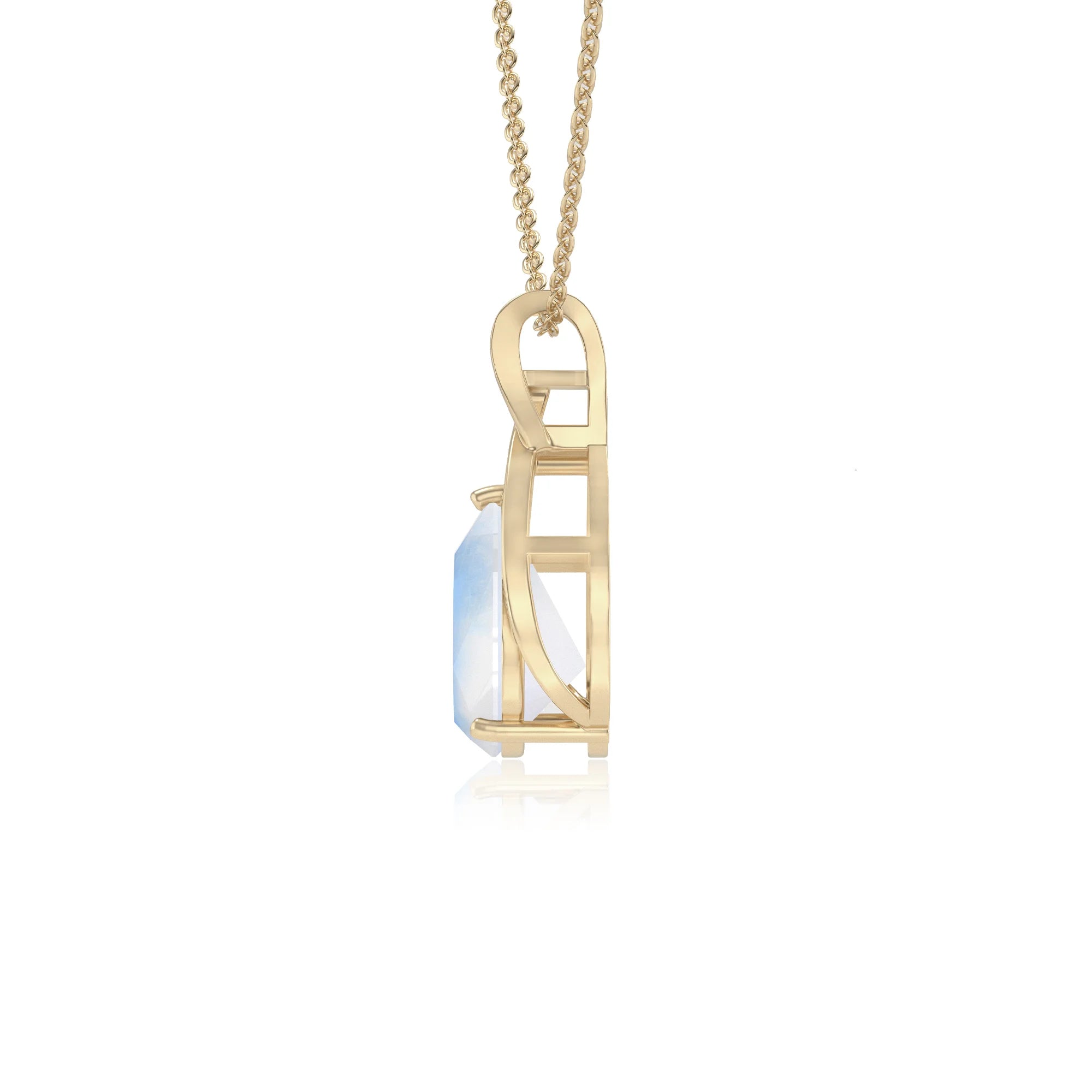 natural rainbow-moonstone pear solitaire necklaces in yellow gold