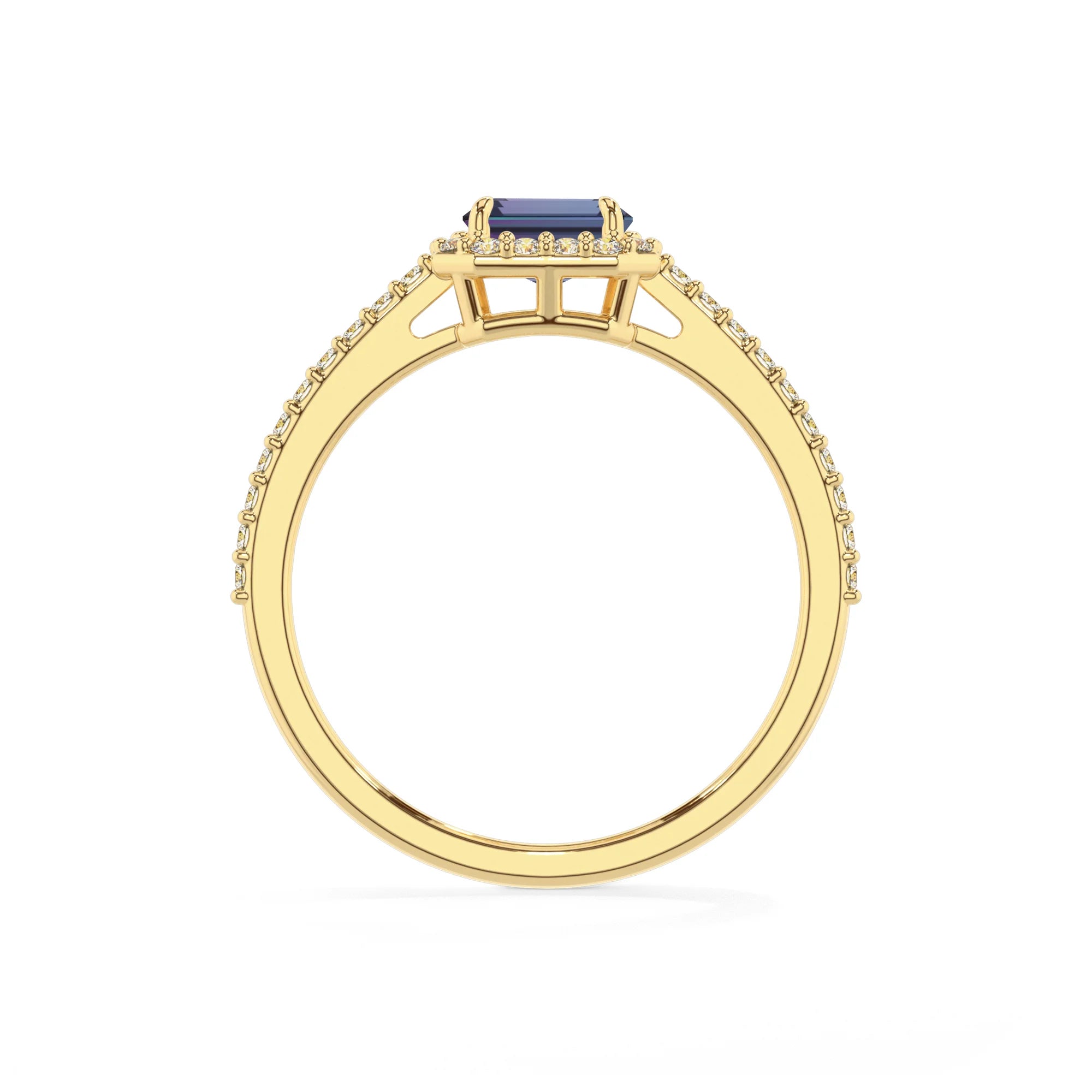 lab grown alexandrite emerald cut solitaire rings in yellow gold