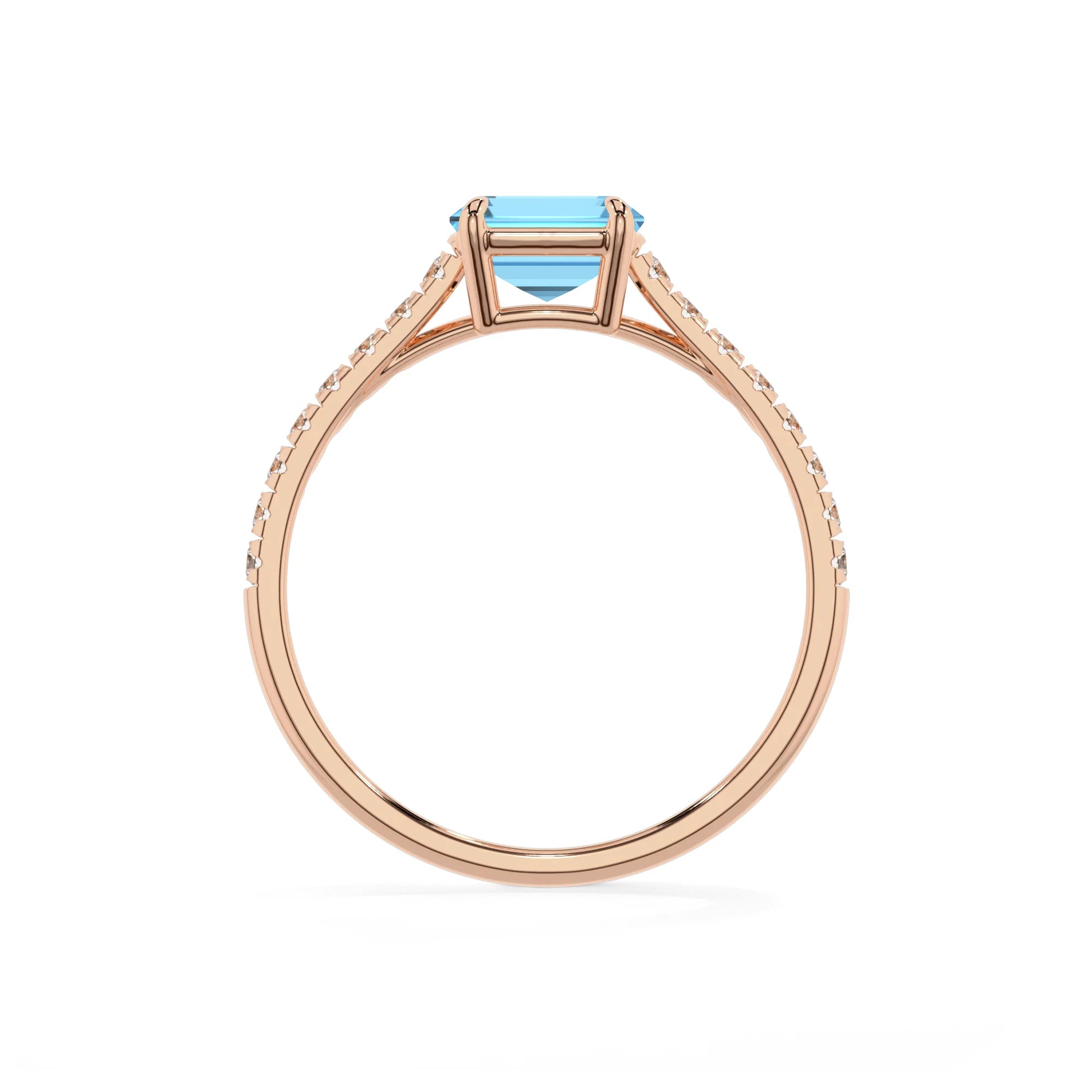 natural swiss-blue-topaz emerald cut half eternity solitaire engagement rings in rose gold