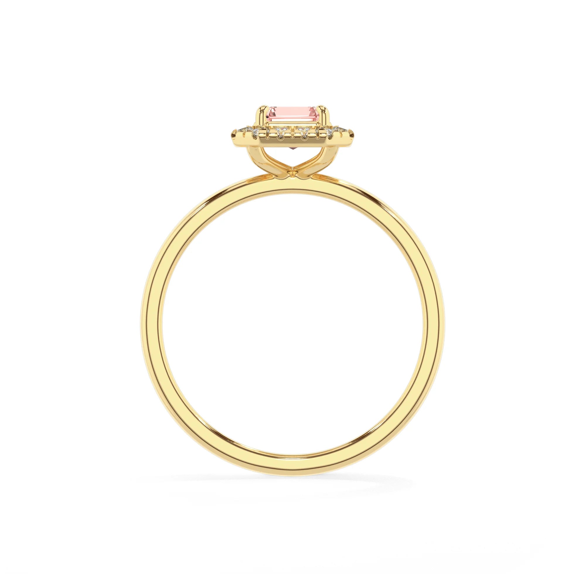 lab grown morganite emerald cut solitaire rings in yellow gold