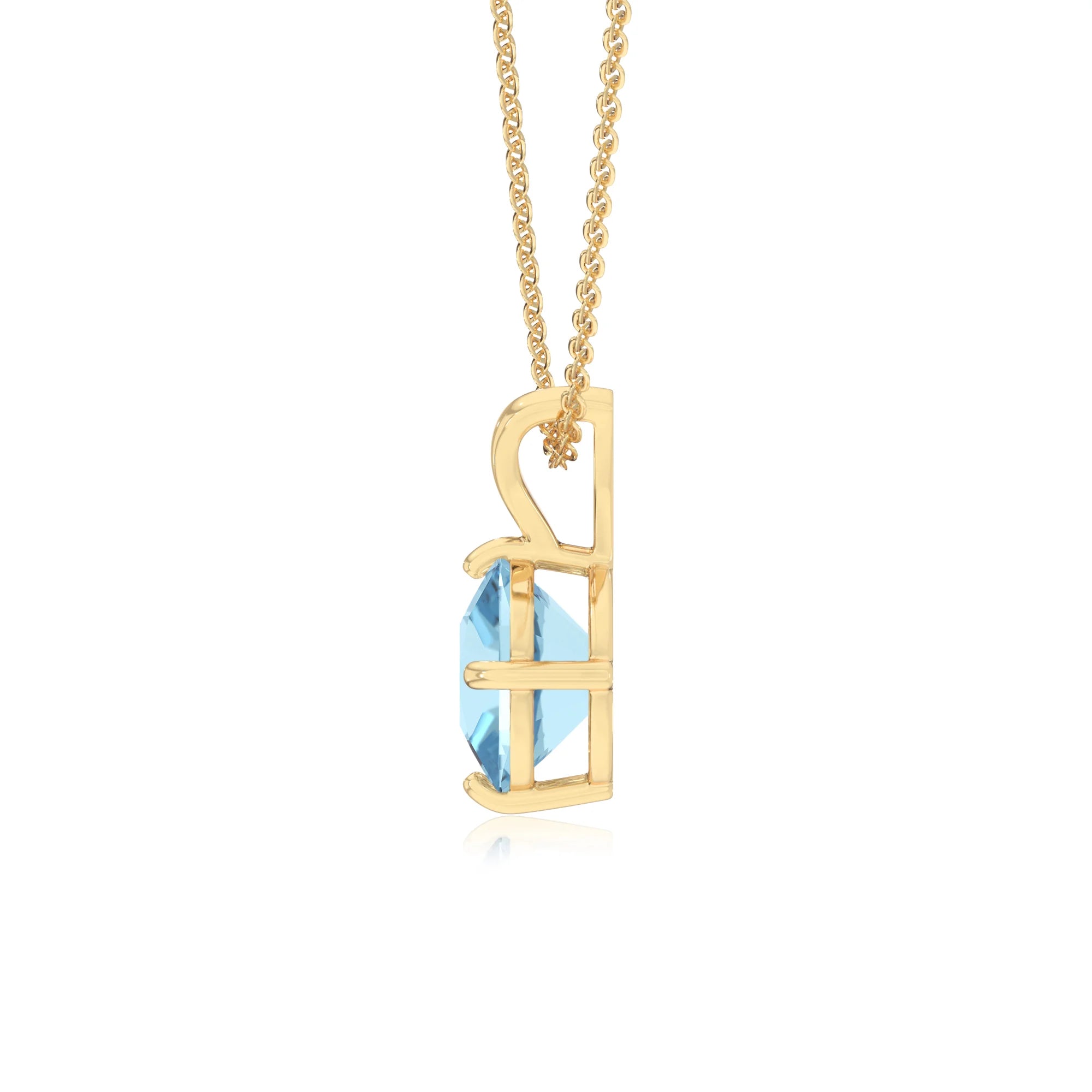 lab grown aquamarine cushion solitaire v-bale necklaces in yellow gold