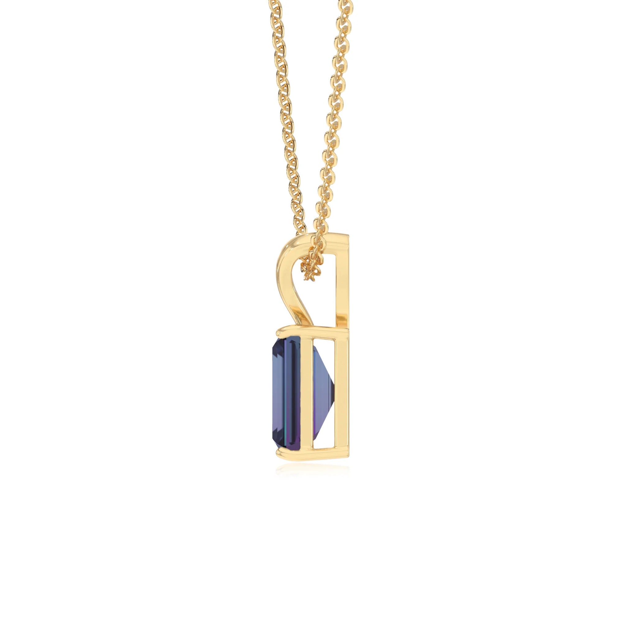 lab grown alexandrite emerald cut solitaire v-bale necklaces in yellow gold