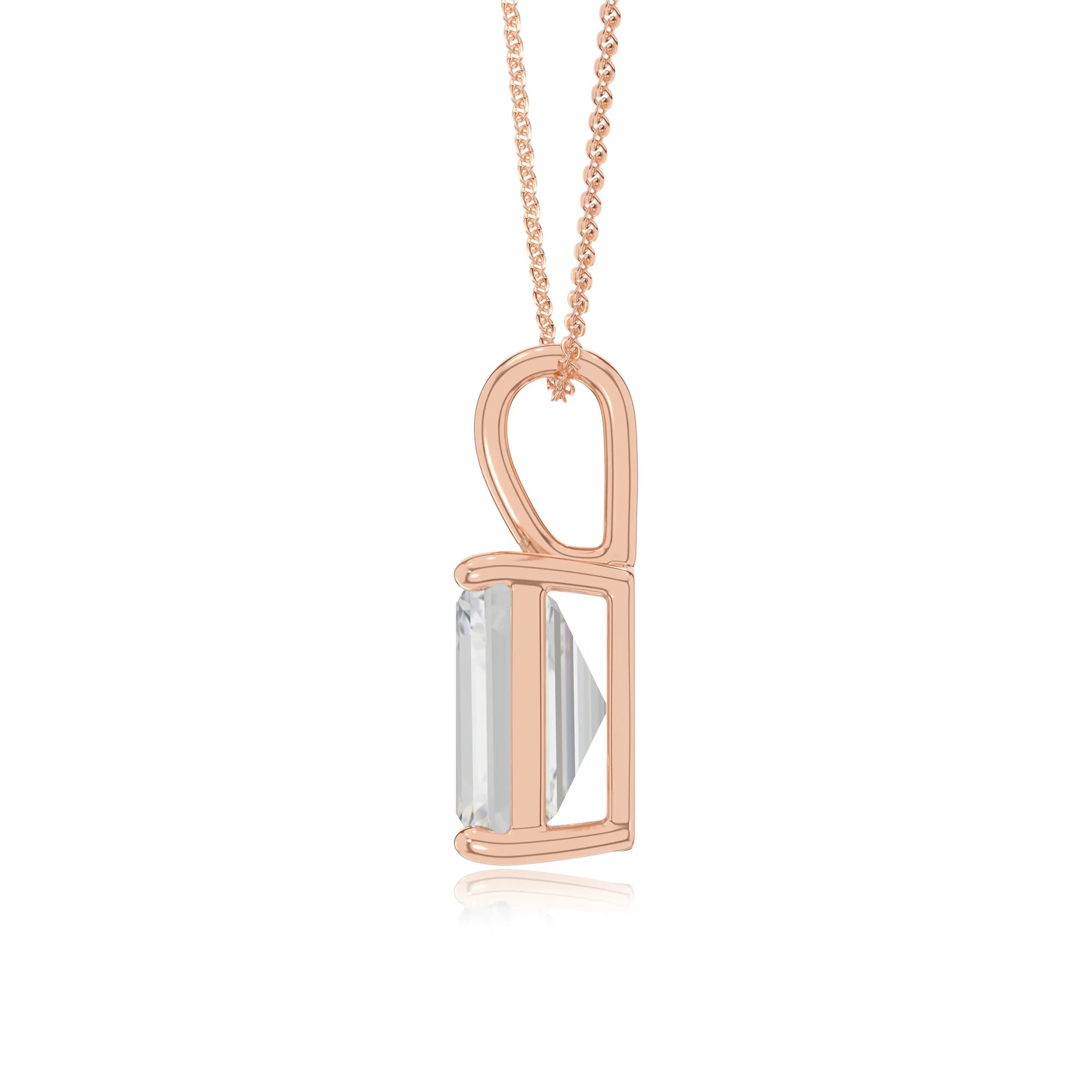 lab grown moissanite emerald cut solitaire necklaces in rose gold