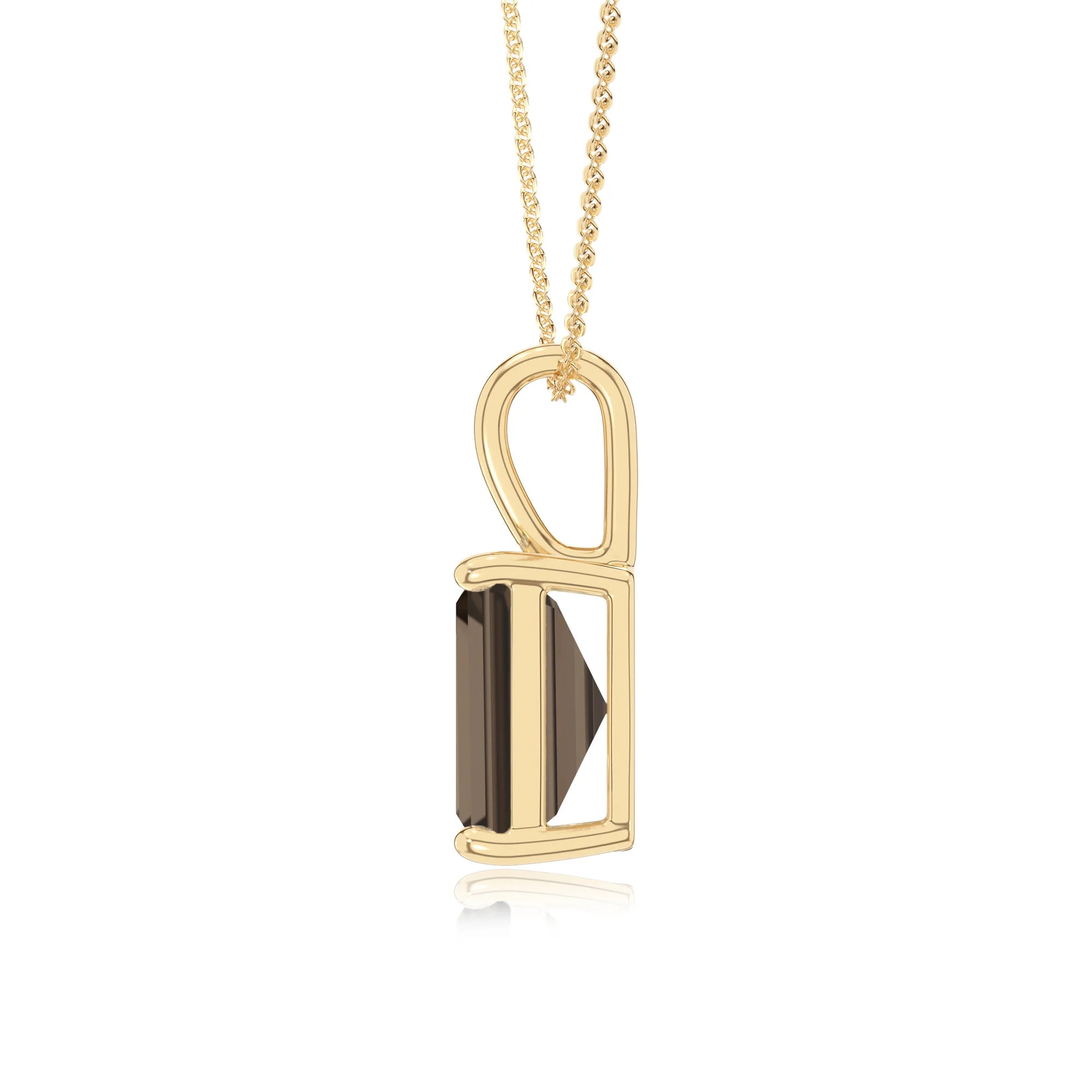 natural smoky-quartz emerald cut solitaire necklaces in yellow gold