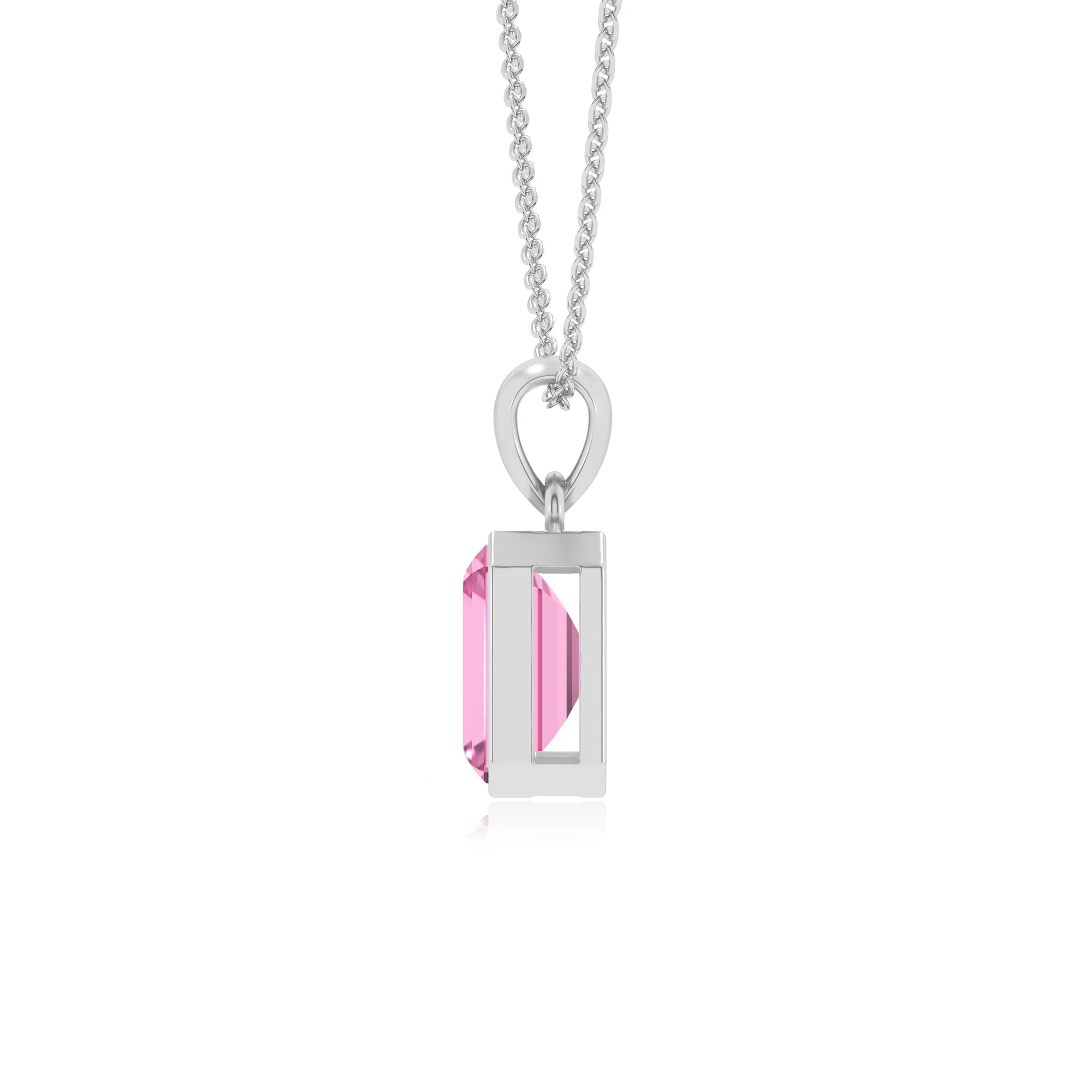 lab grown pink-sapphire emerald cut solitaire necklaces in sterling silver