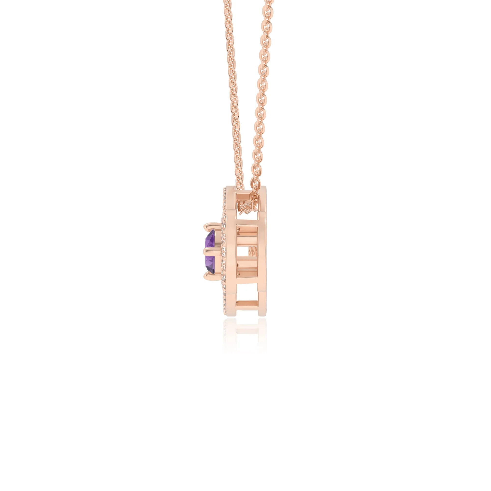 lab grown amethyst round solitaire necklaces in rose gold