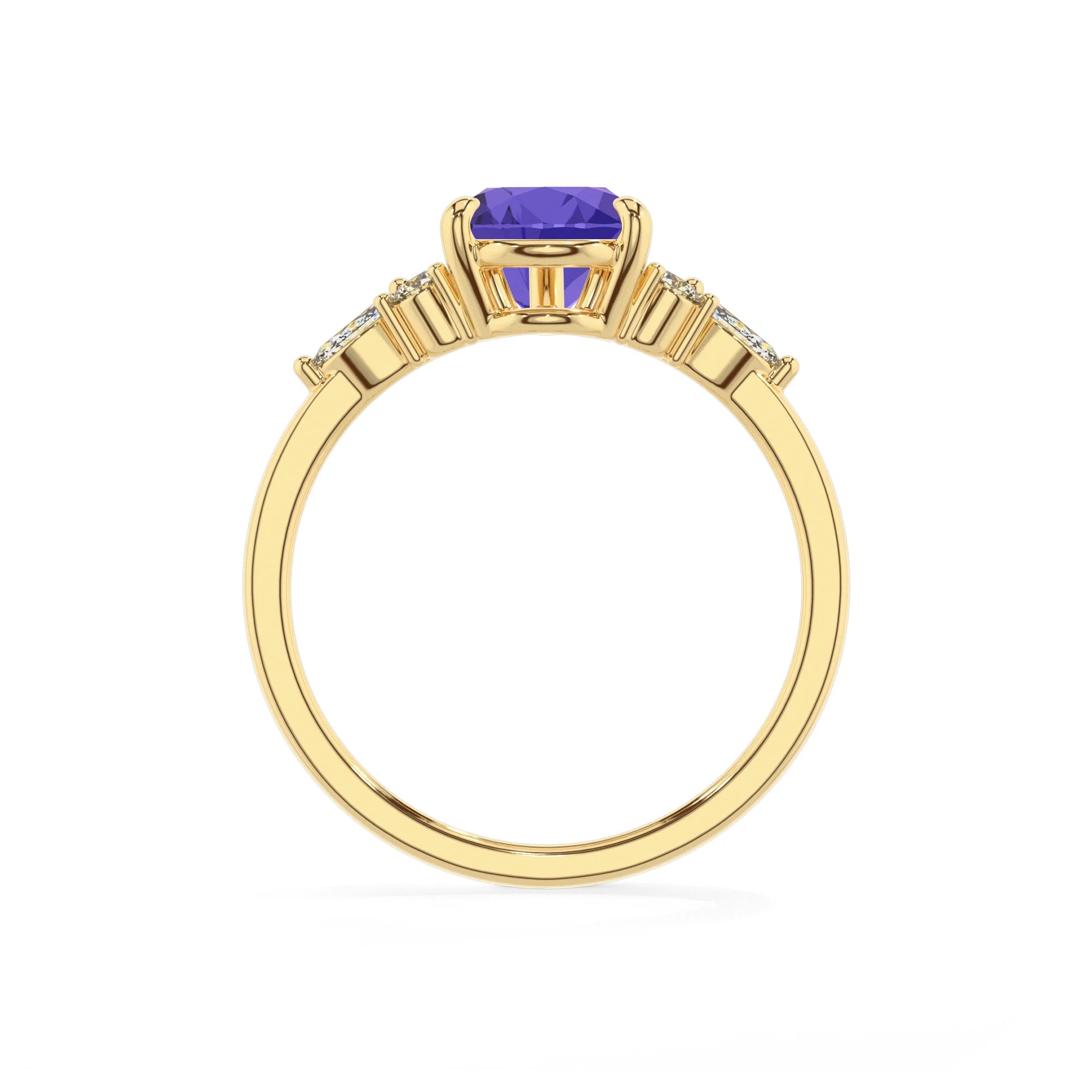 lab grown tanzanite pear solitaire rings in yellow gold