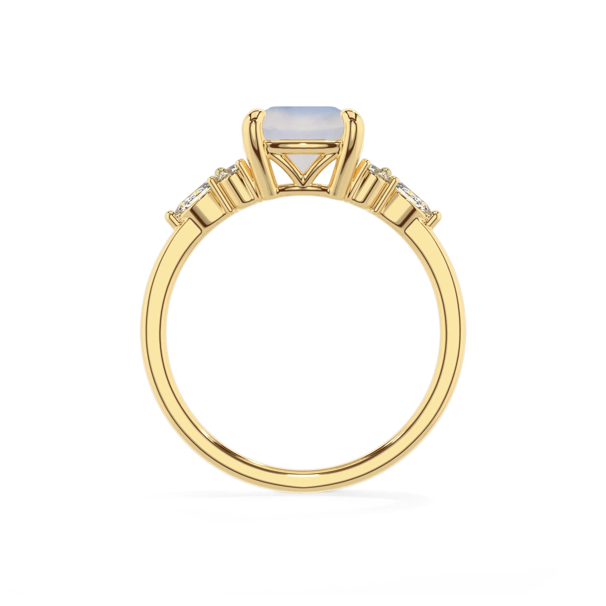natural rainbow-moonstone cushion solitaire rings in yellow gold