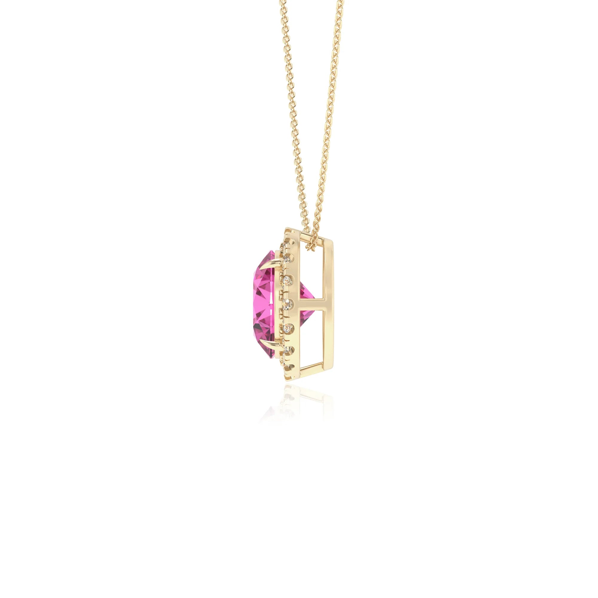 lab grown pink sapphire round solitaire necklaces in yellow gold