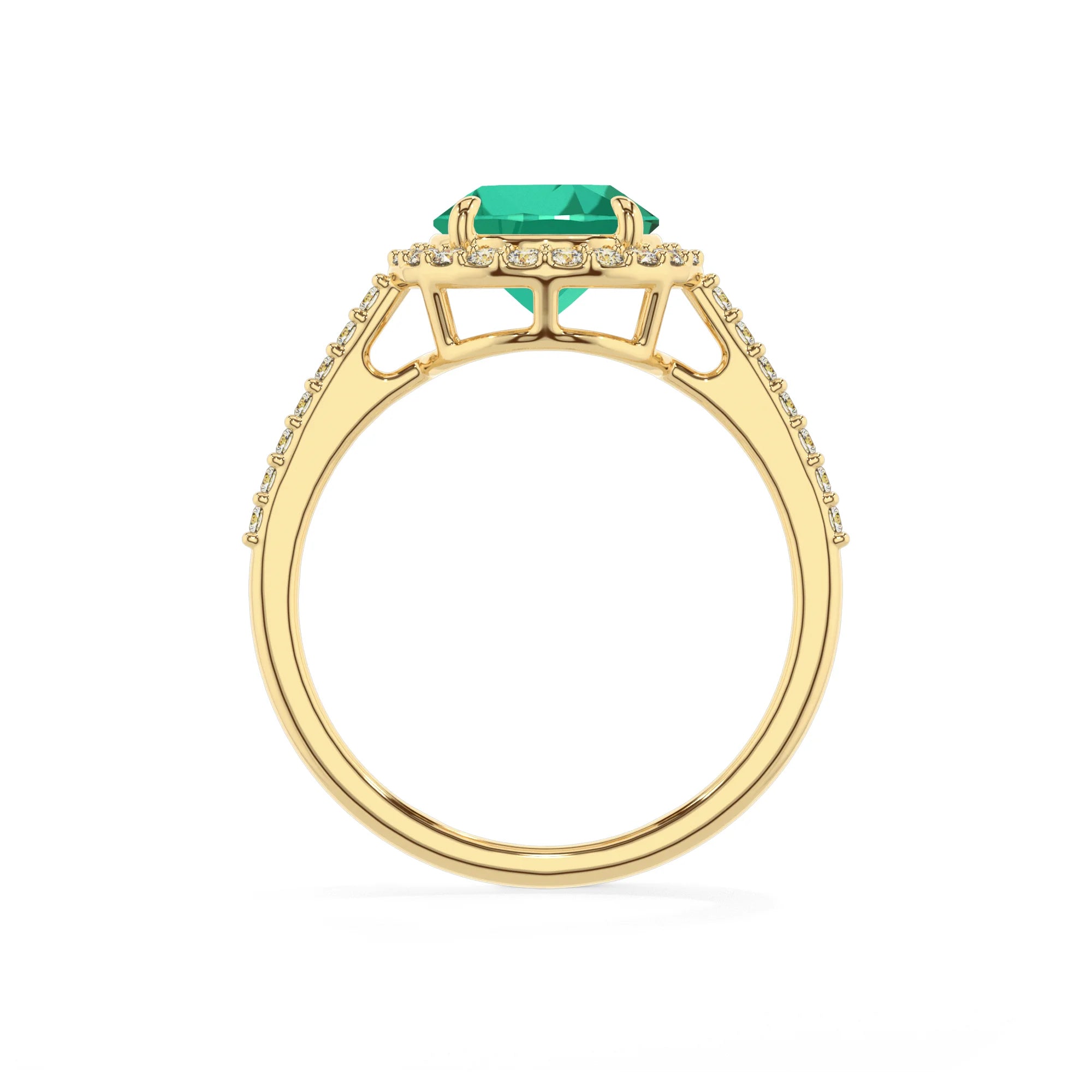 lab grown emerald round solitaire rings in yellow gold