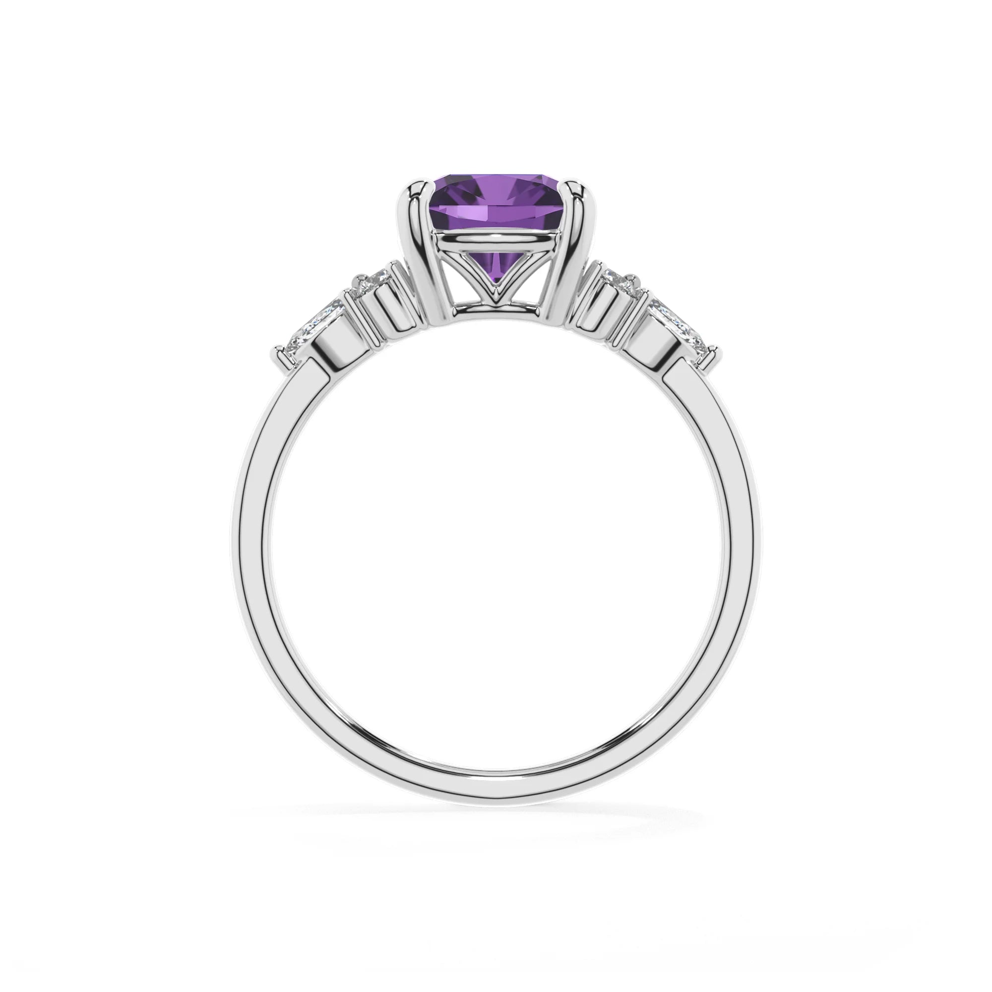 lab grown amethyst cushion solitaire rings in white gold