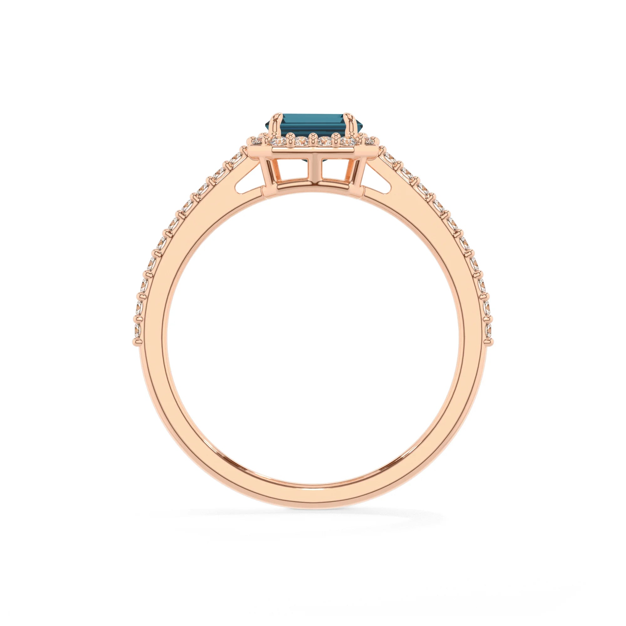 natural london-blue-topaz emerald cut solitaire rings in rose gold