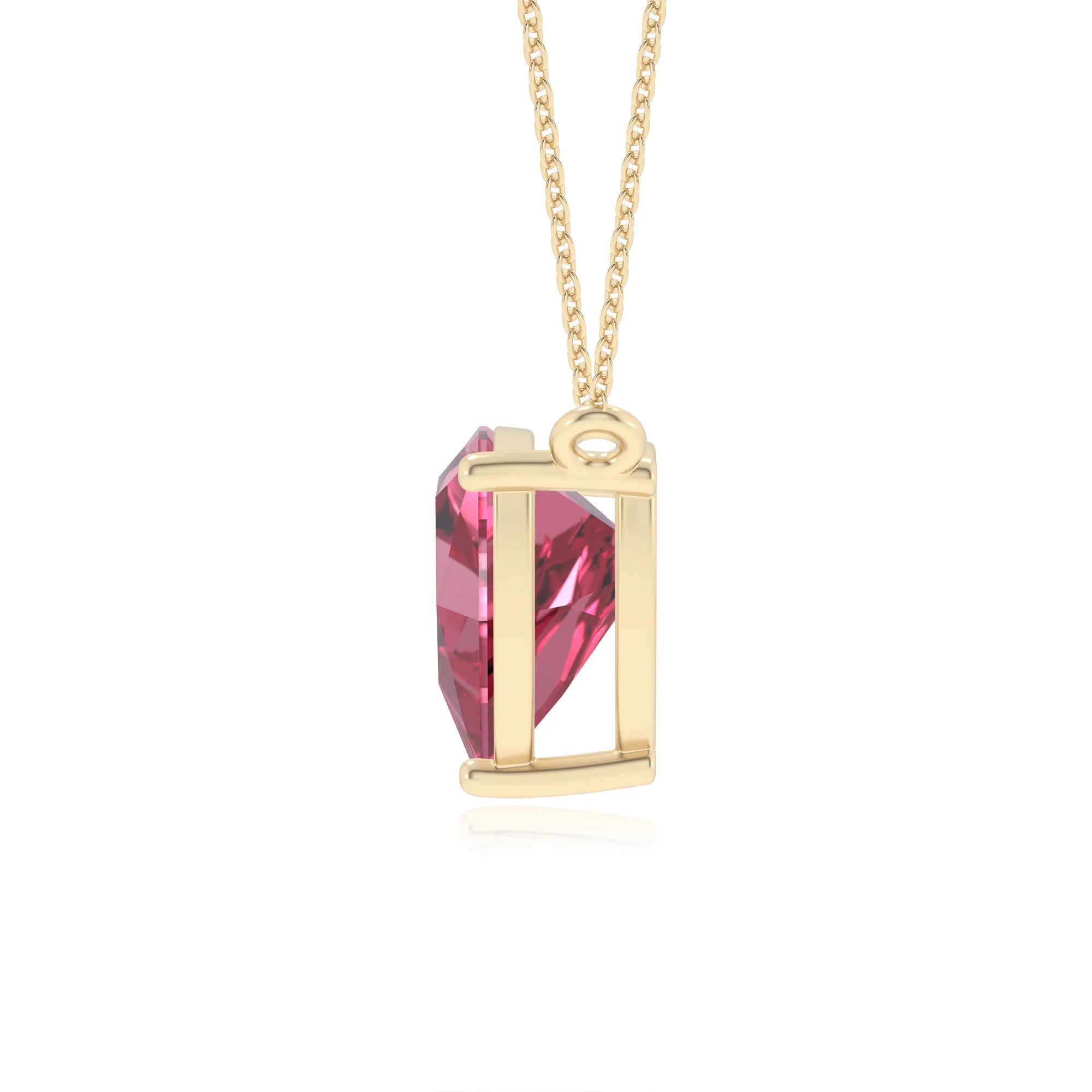 lab grown pink-tourmaline trillion solitaire necklaces in yellow gold